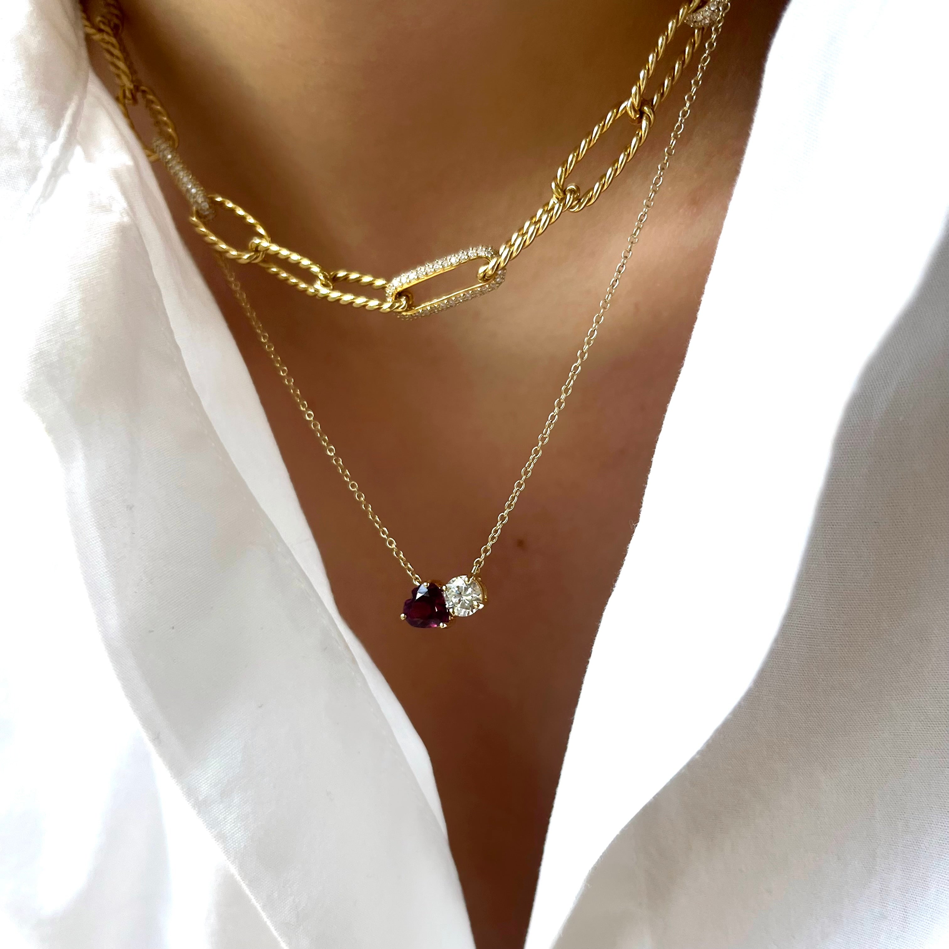 Heart Shape Garnet and Diamond Toi Et Moi Necklace