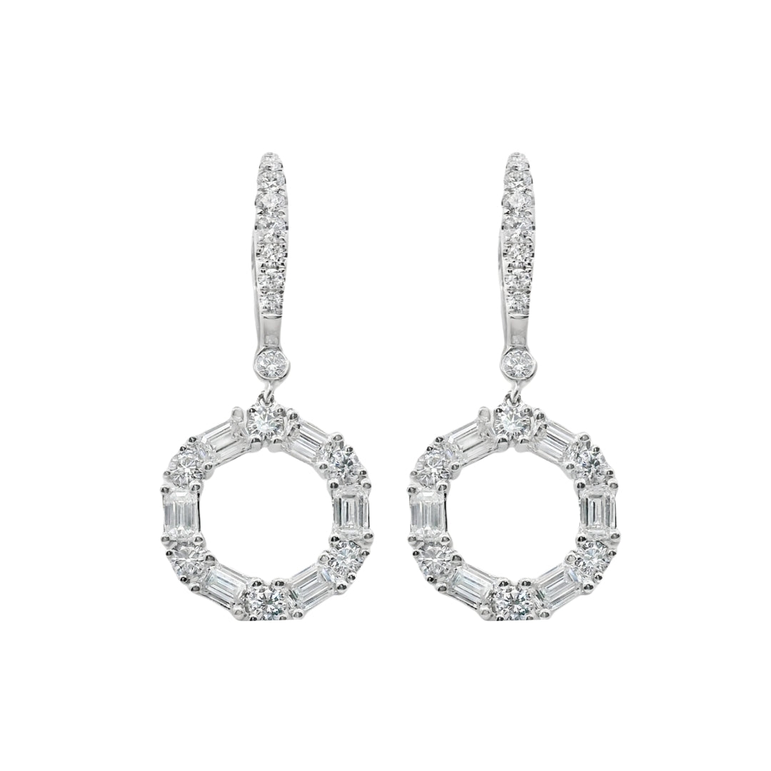 Baguette and Round Diamond Drop Huggie Earrings