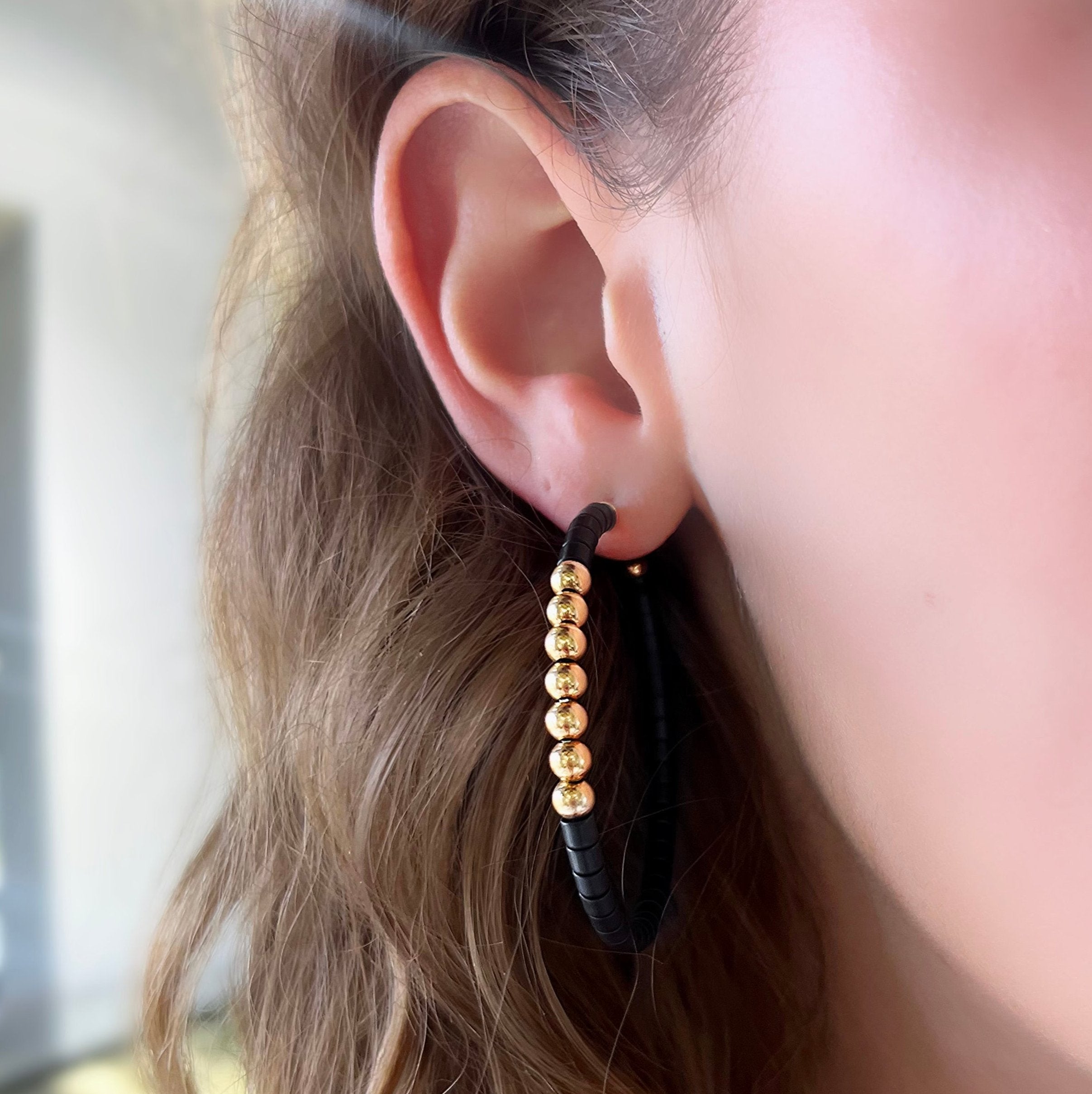 Jumbo Black Beaded Ceramic Hoops