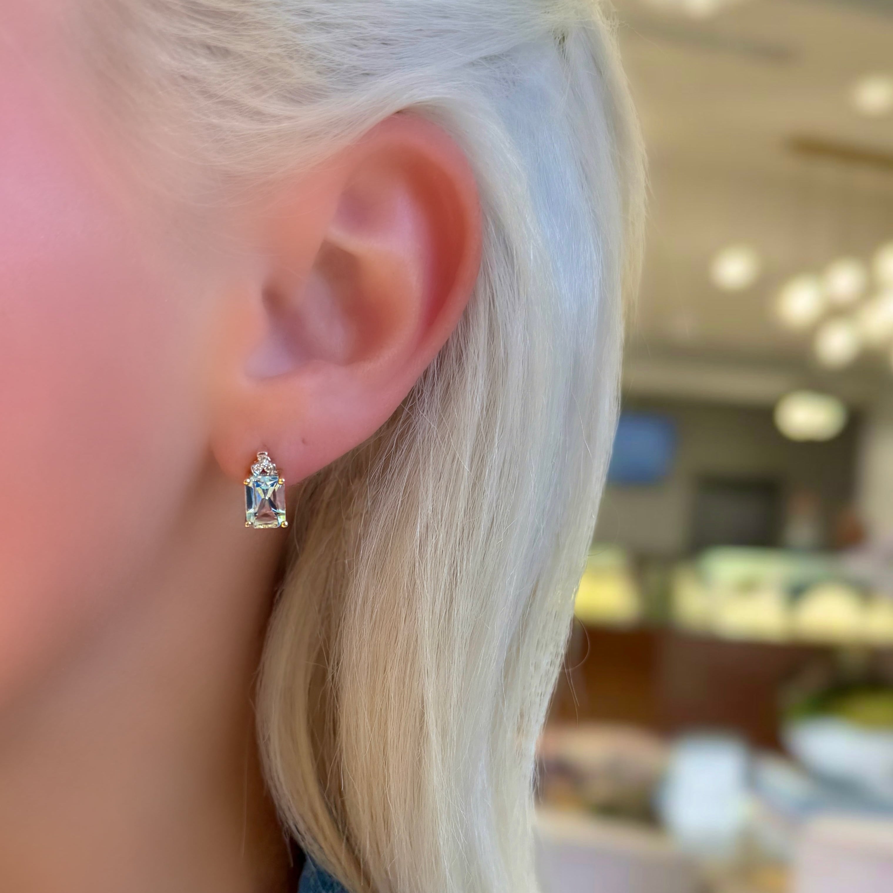 Emerald Cut Aquamarine and Diamond Earrings