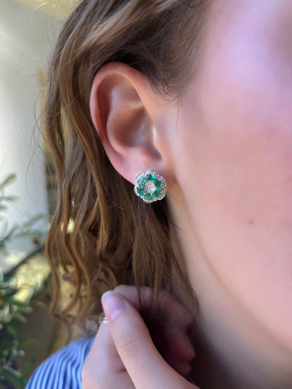 Emerald and Diamond Flower Earrings