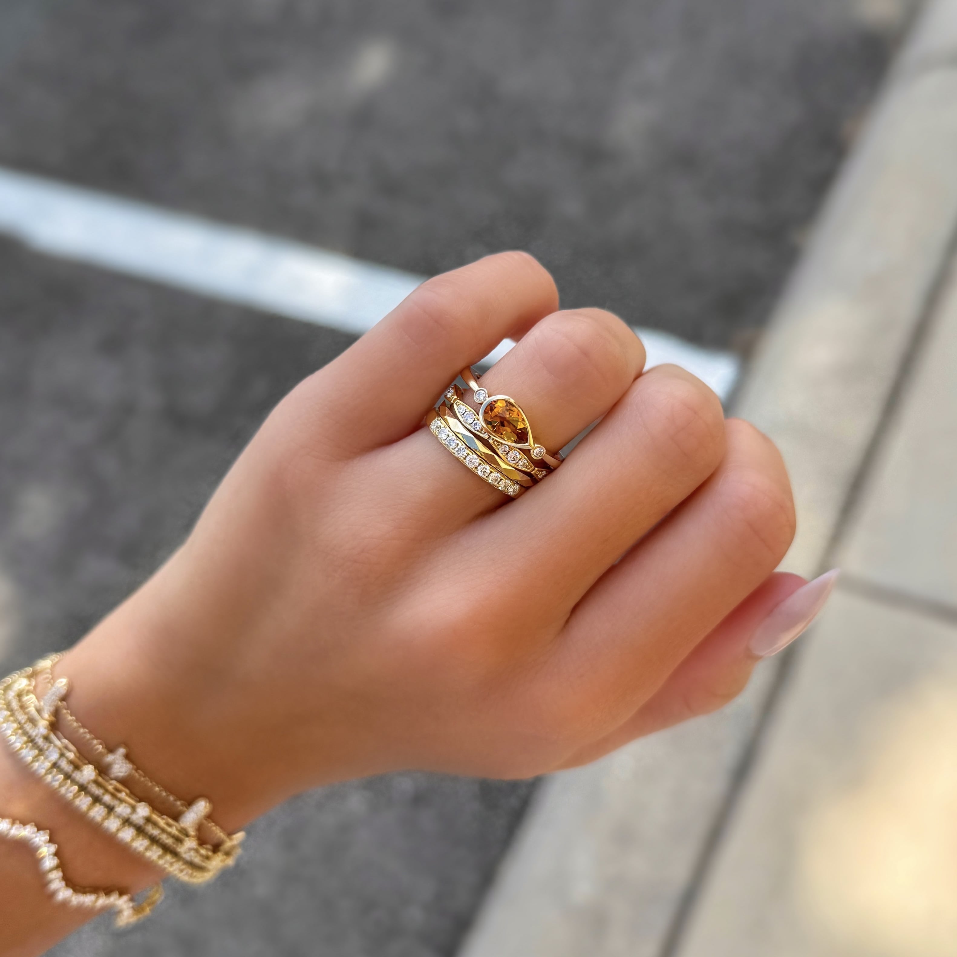 Bezel Set Pear Shape Citrine and Diamond Ring