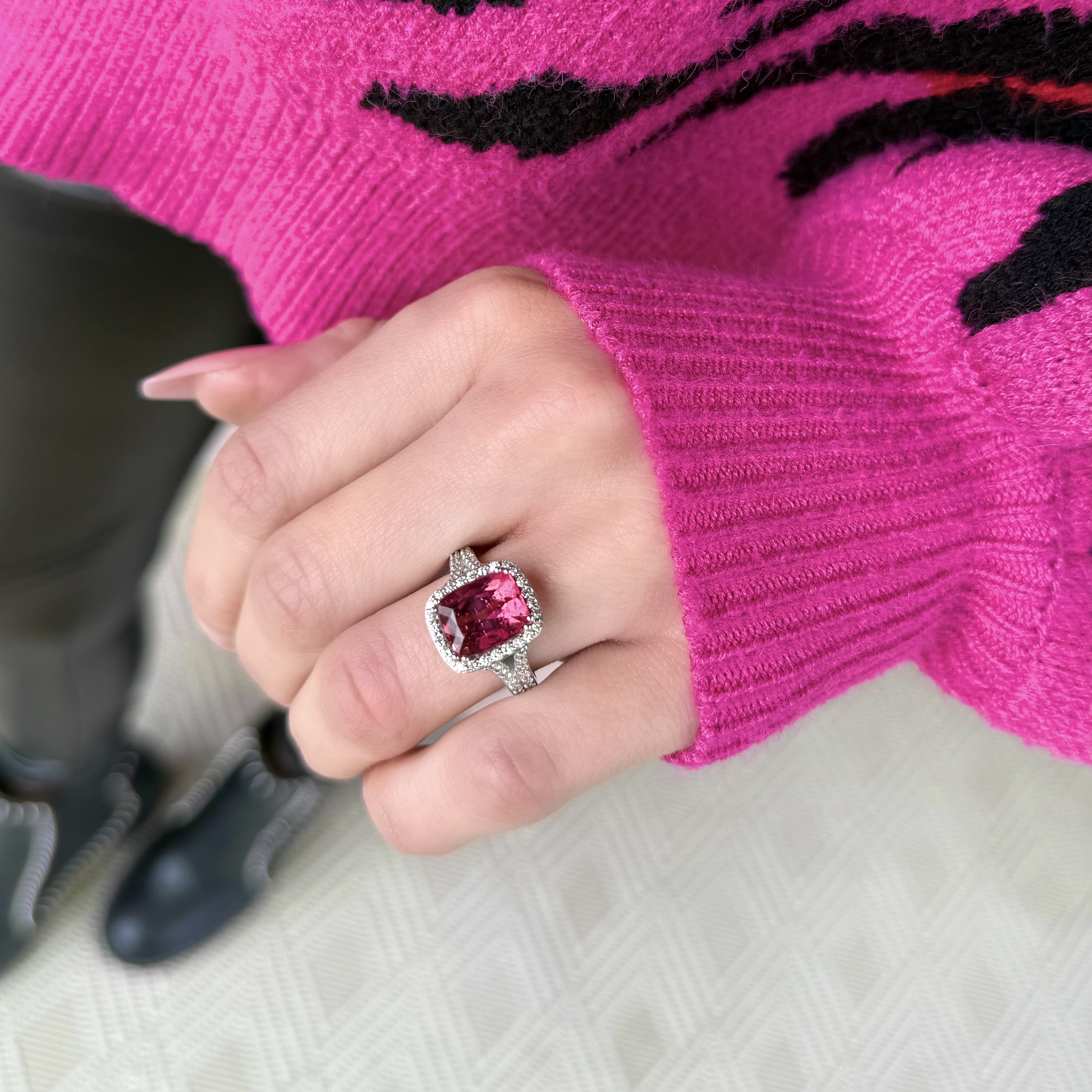 Cushion Cut Pink Tourmaline and Diamond Ring