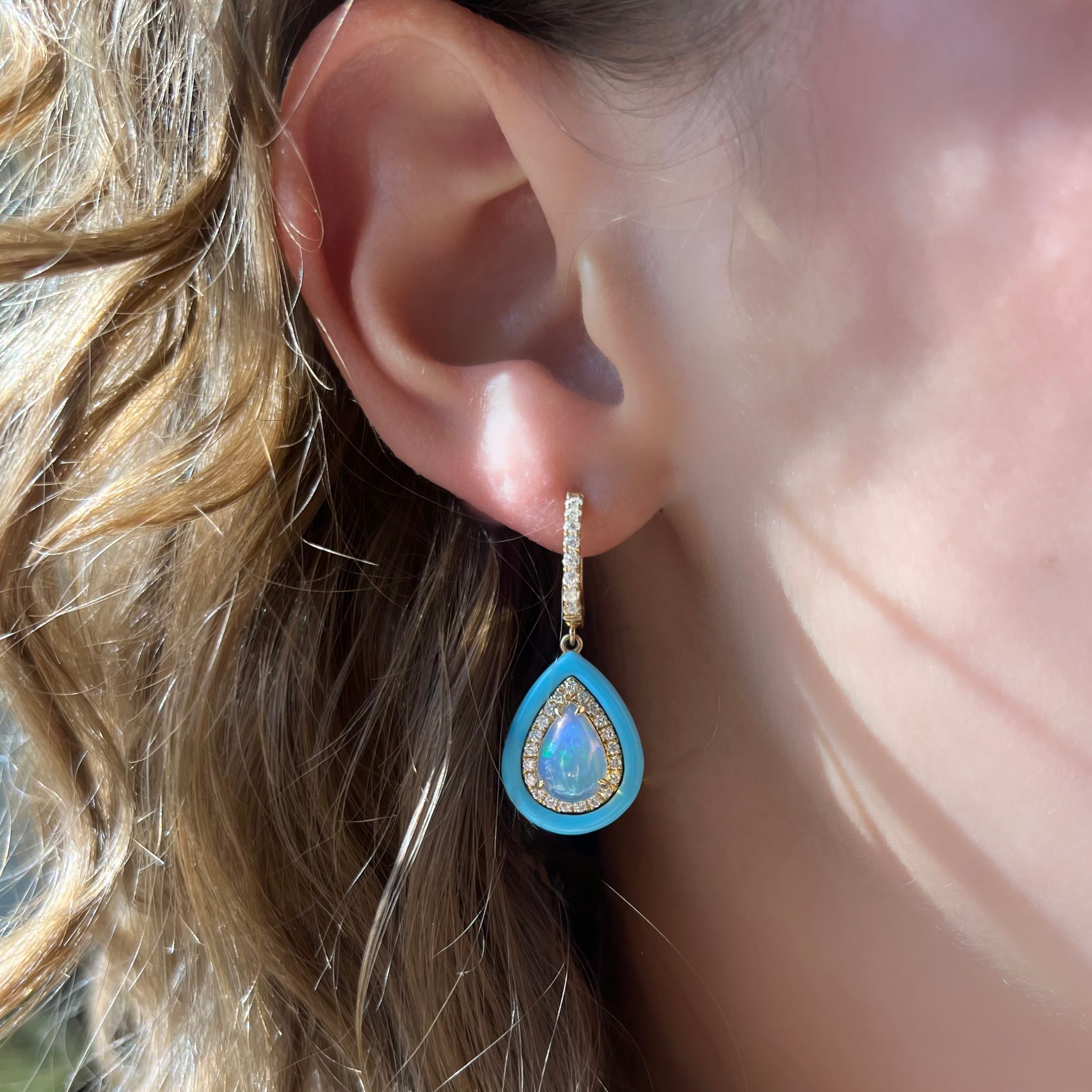 Pear Shape Opal, Diamond and Turquoise Enamel Earrings