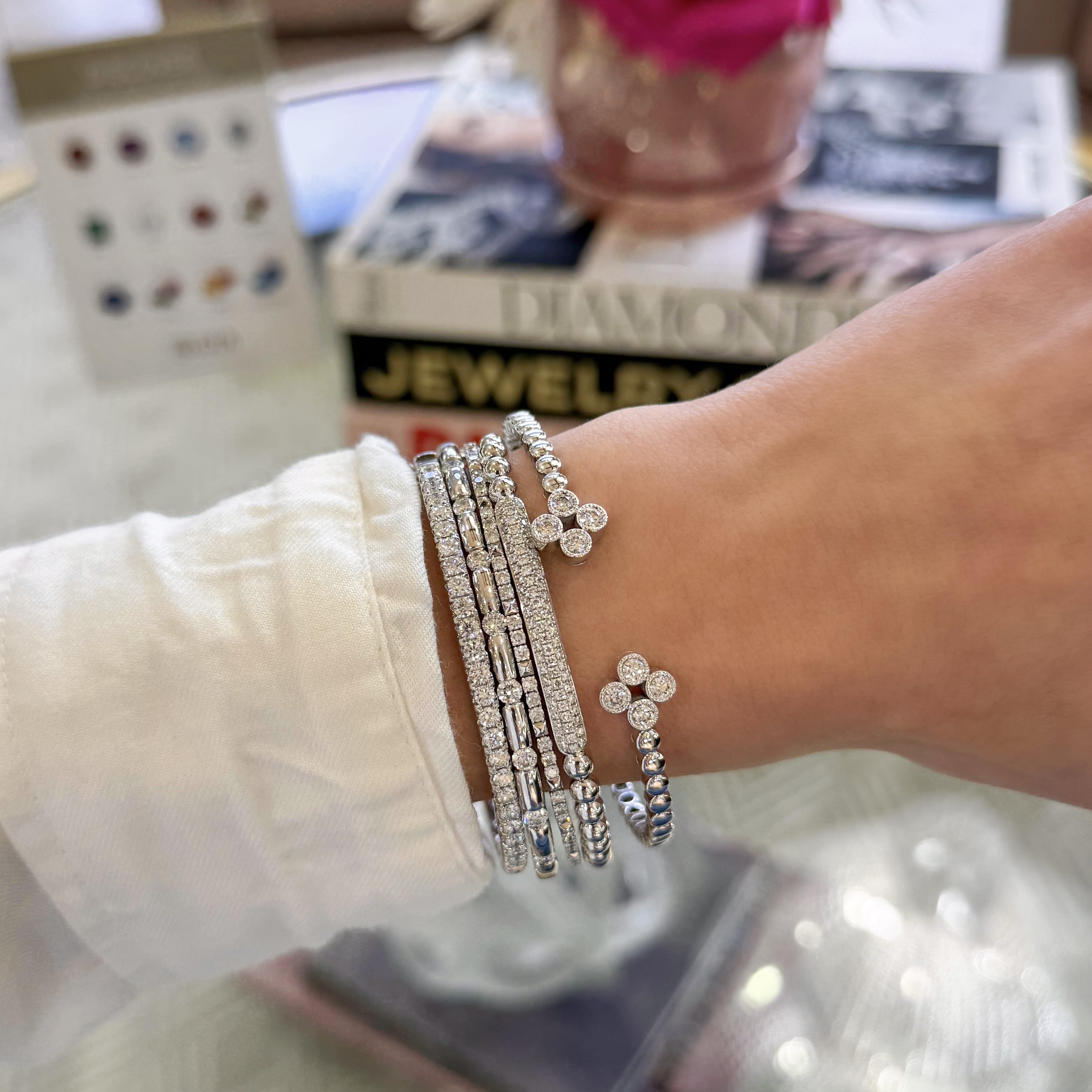 Pave Diamond and Bead Stretch Bracelet