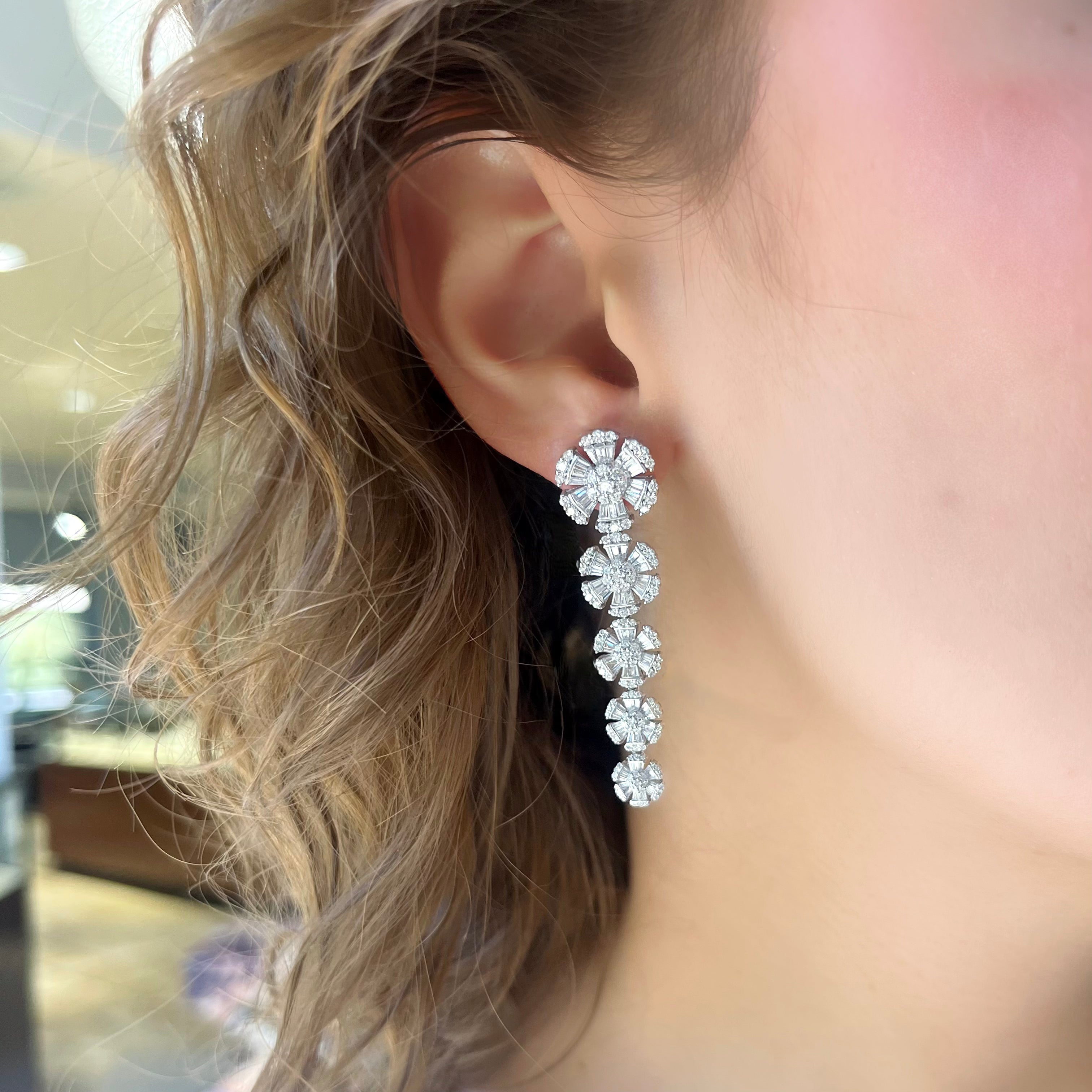 Graduating Baguette and Round Diamond Flower Earrings