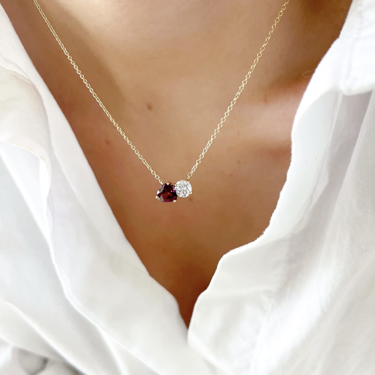 Heart Shape Garnet and Diamond Toi Et Moi Necklace