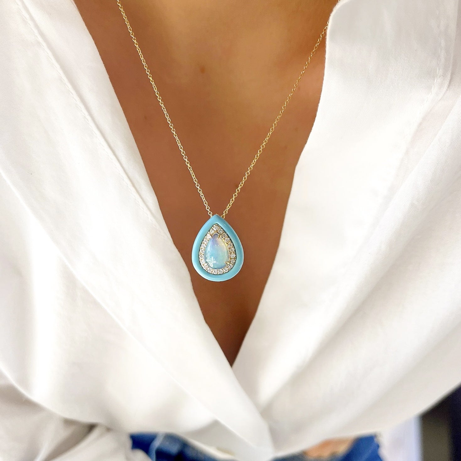 Pear Shape Opal, Diamond and Turquoise Enamel Necklace