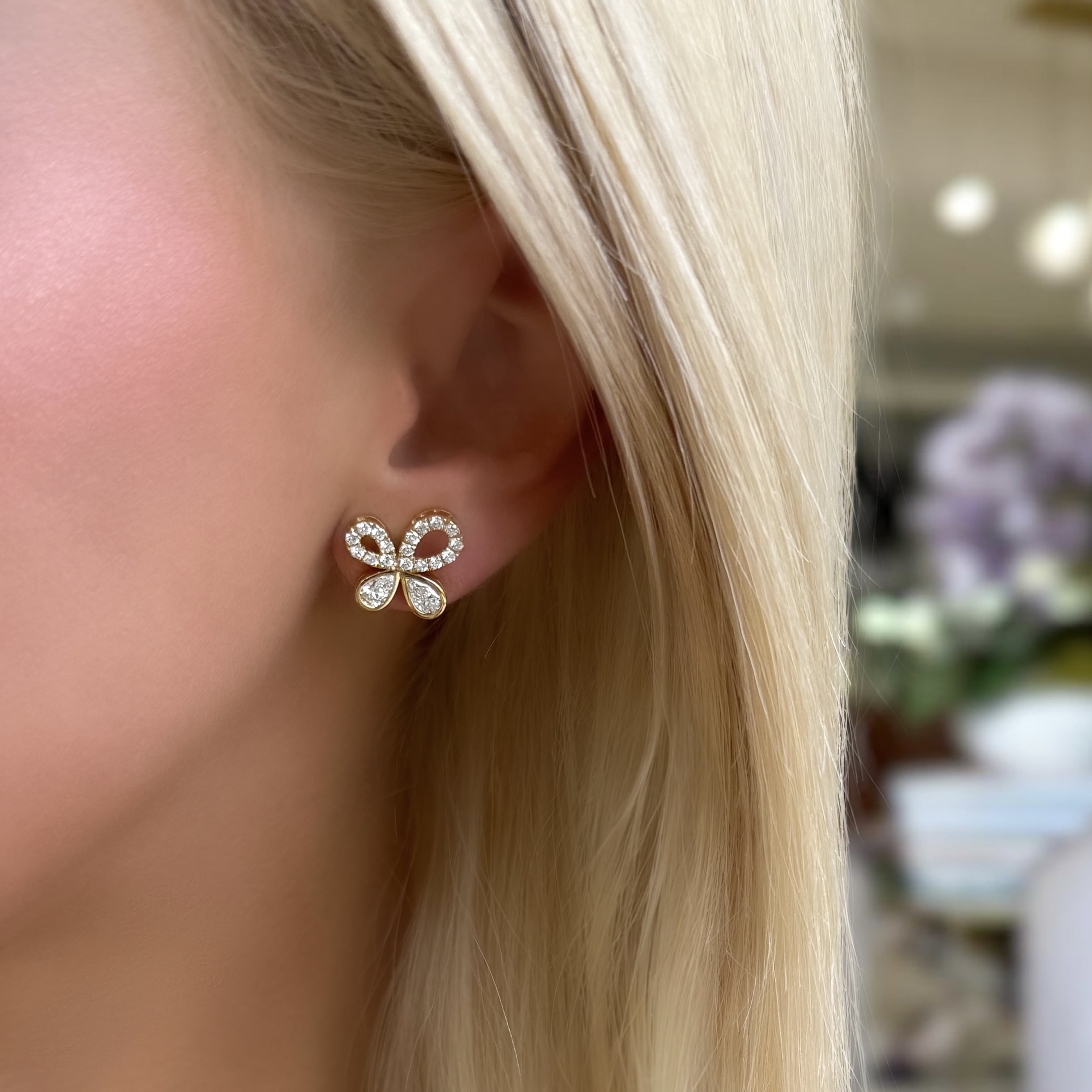 Pear and Round Diamond Butterfly Earrings