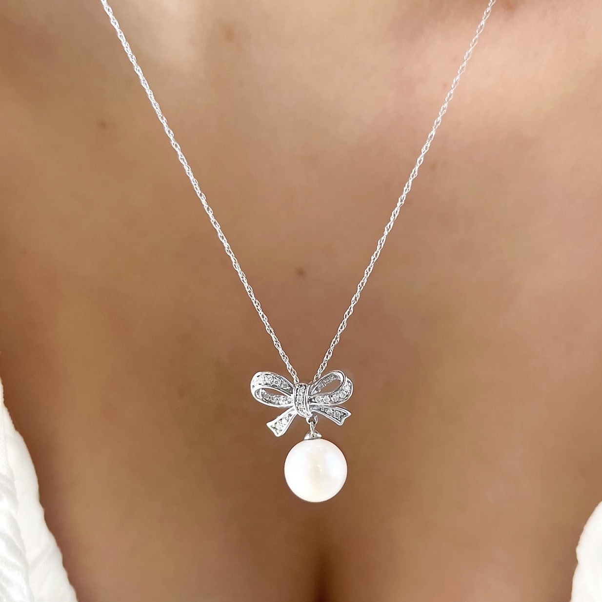 Pearl and Diamond Bow Necklace