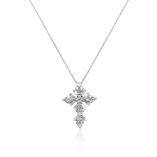 Round and Baguette Diamond Cross Necklace
