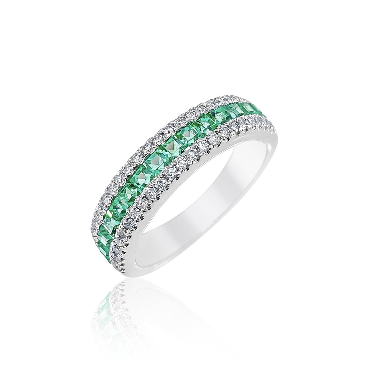 3 Row Diamond and Emerald Ring