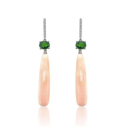 Pink Coral and Tsavorite Diamond Drop Earrings