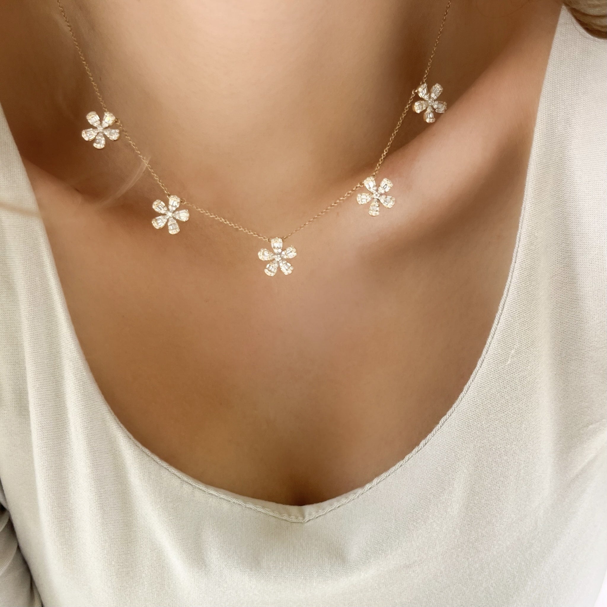 Baguette and Round Diamond Flower Necklace