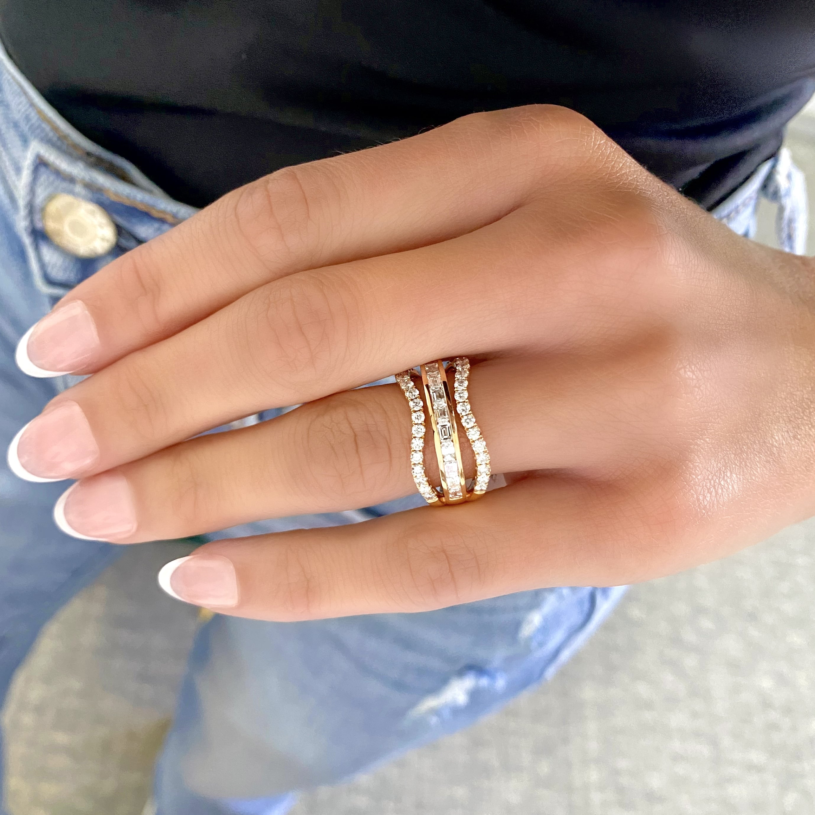 Emerald Cut and Round Diamond Wave Ring