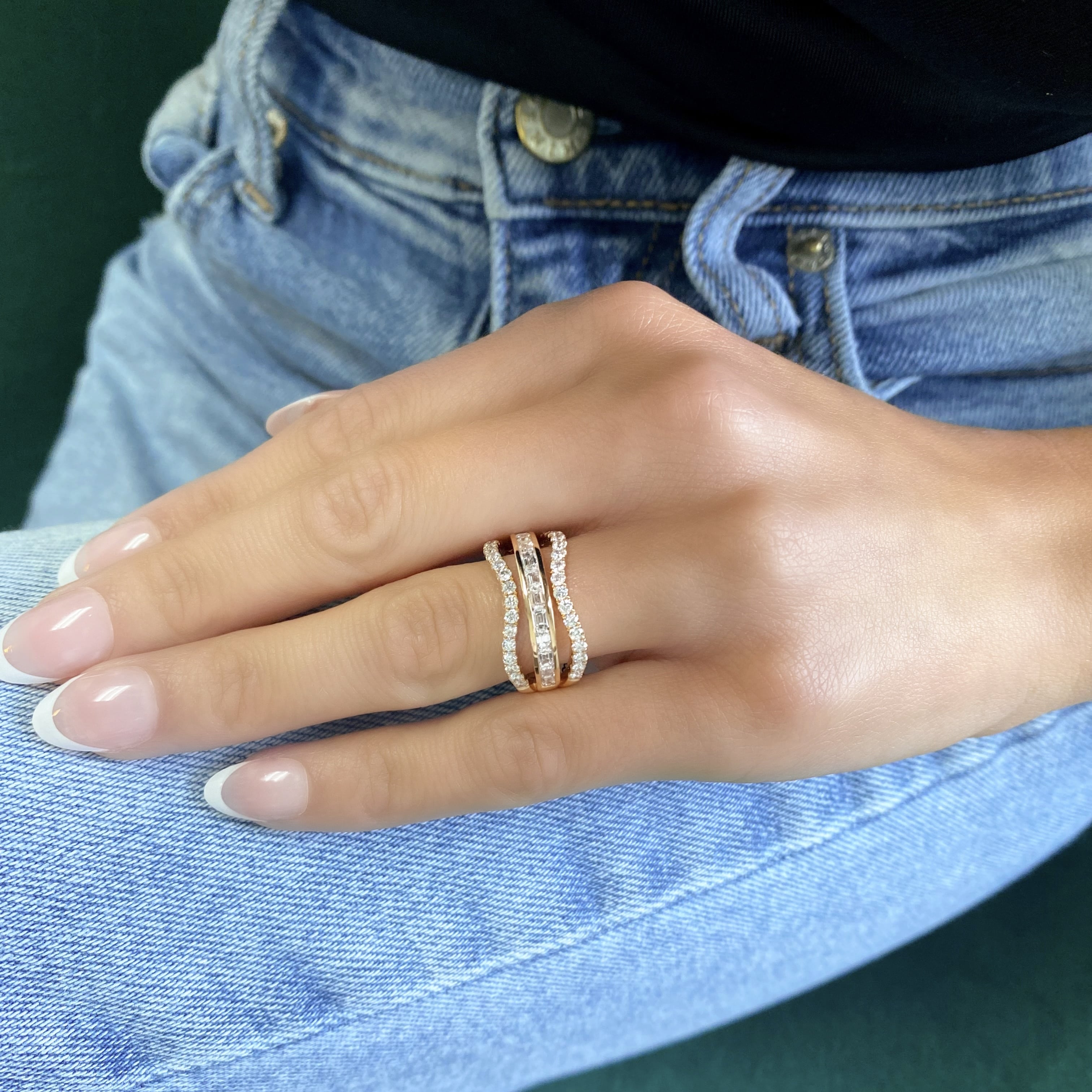 Emerald Cut and Round Diamond Wave Ring