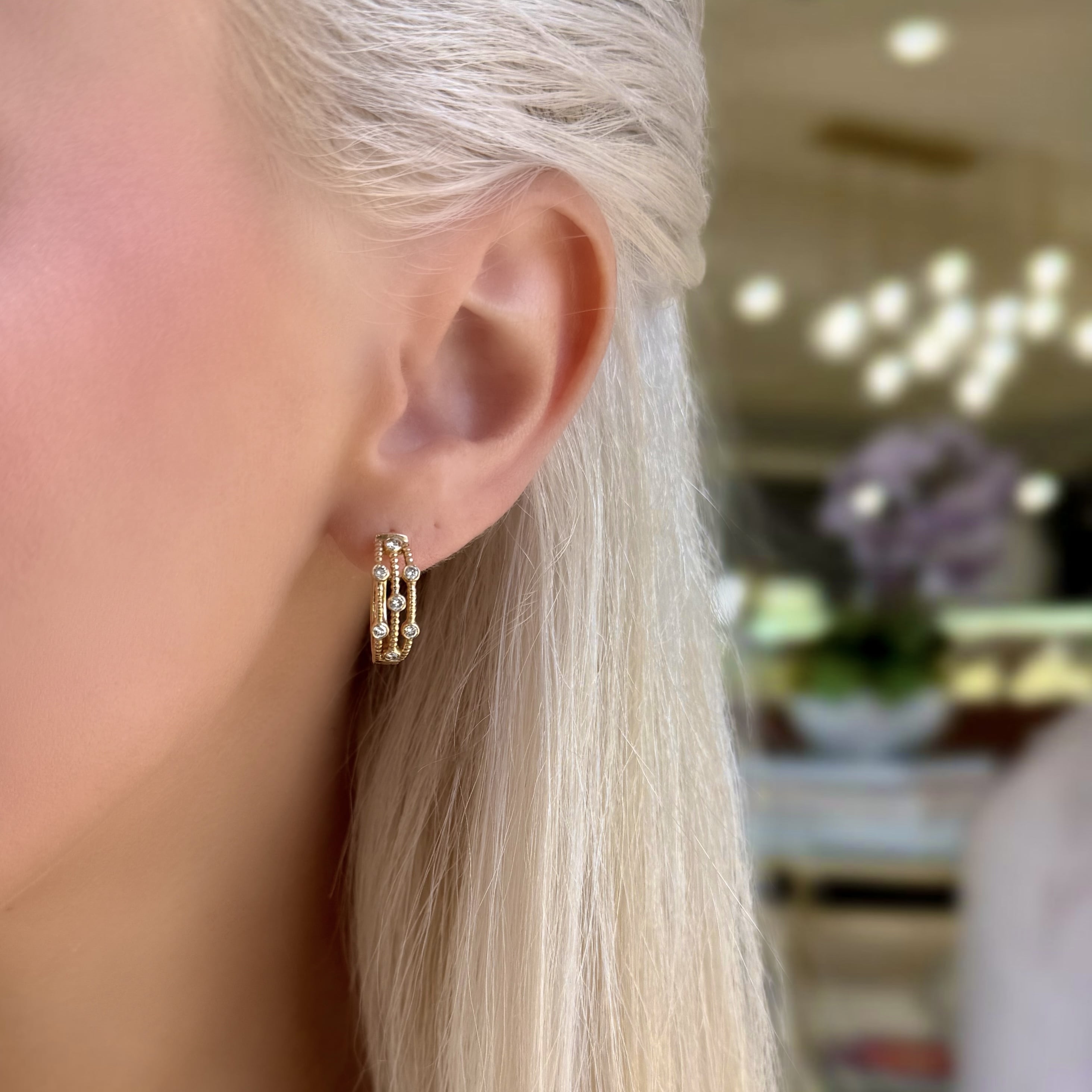 Beaded Row Bezel Diamond Hoops