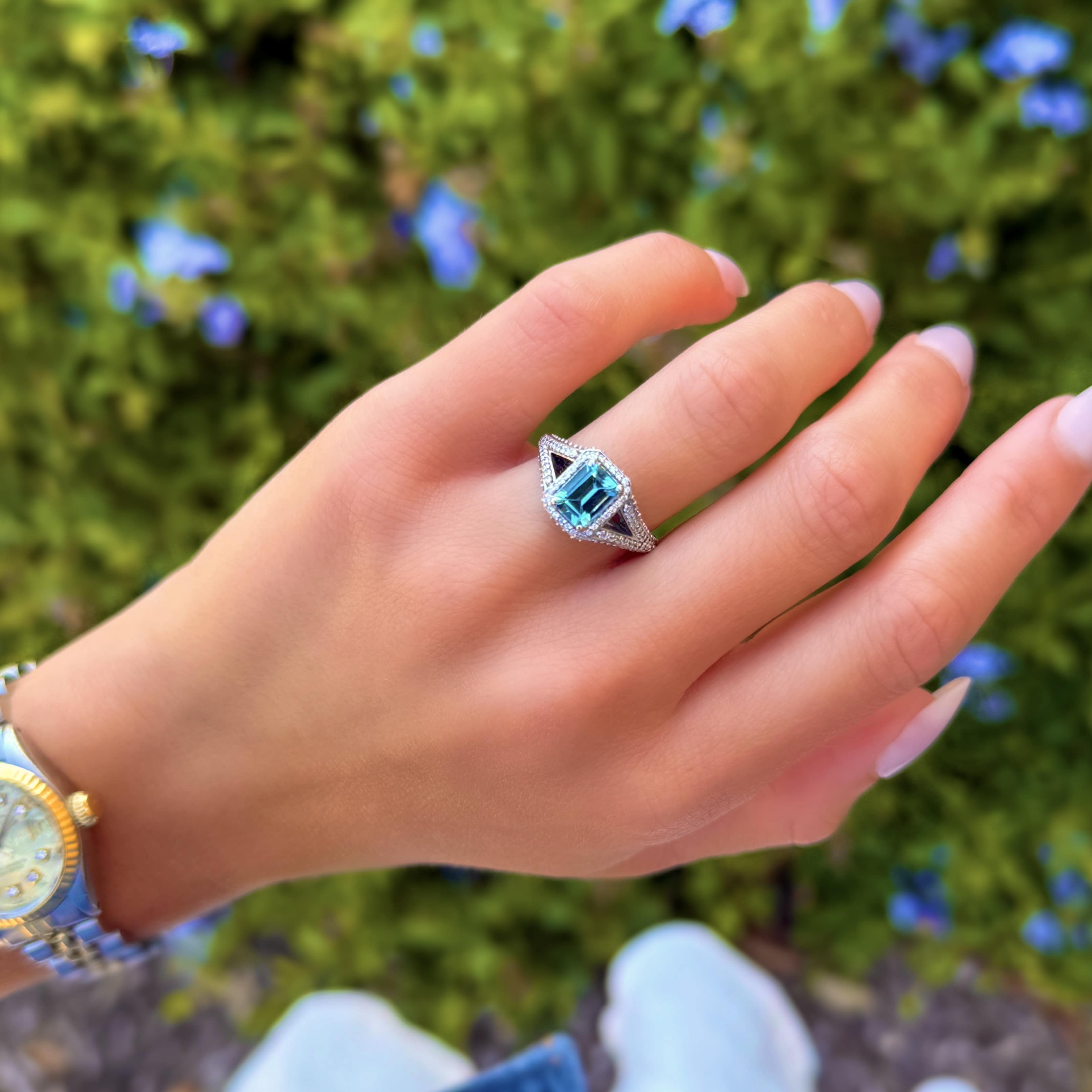 Emerald Cut Blue Topaz and Diamond Ring