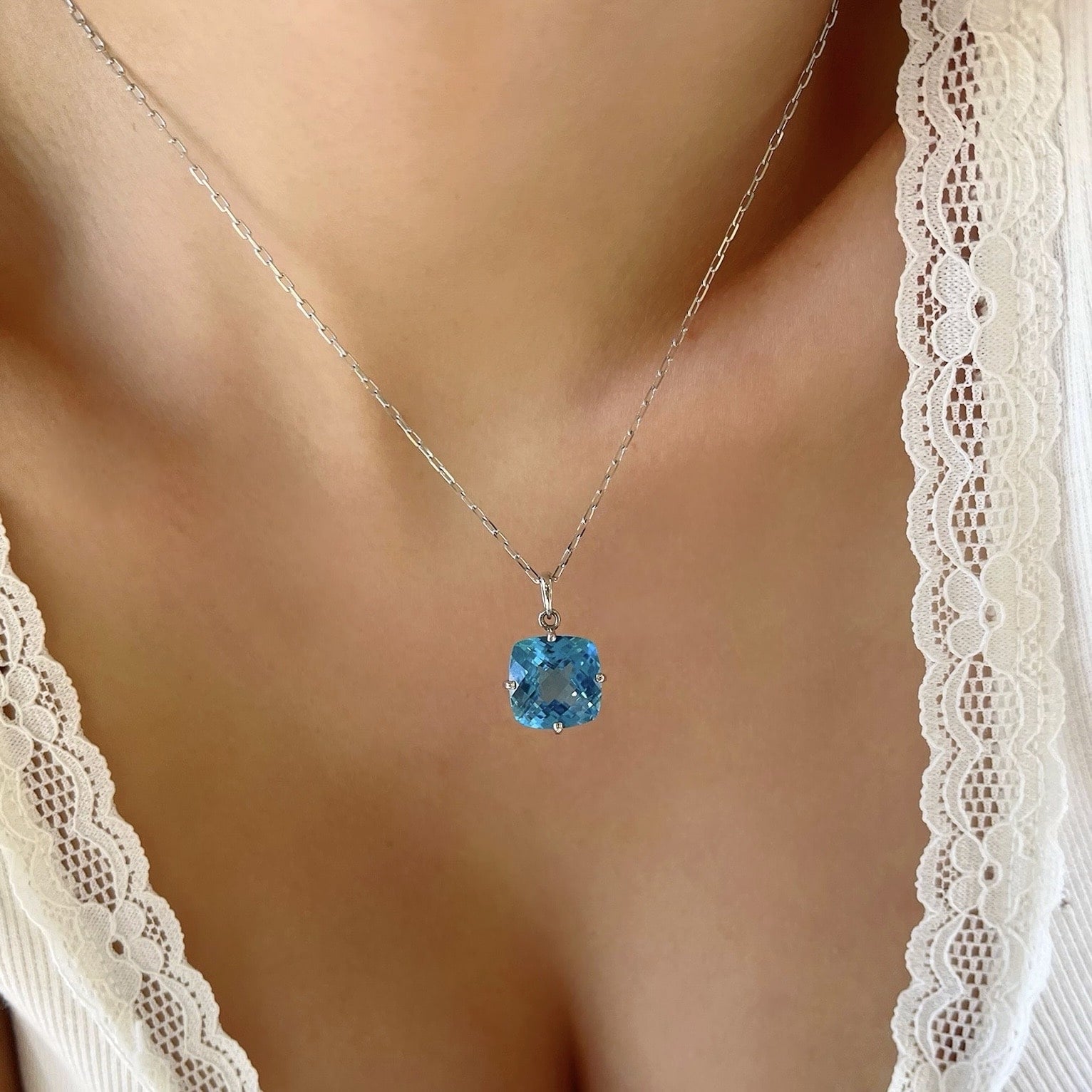 Cushion Cut Blue Topaz Necklace