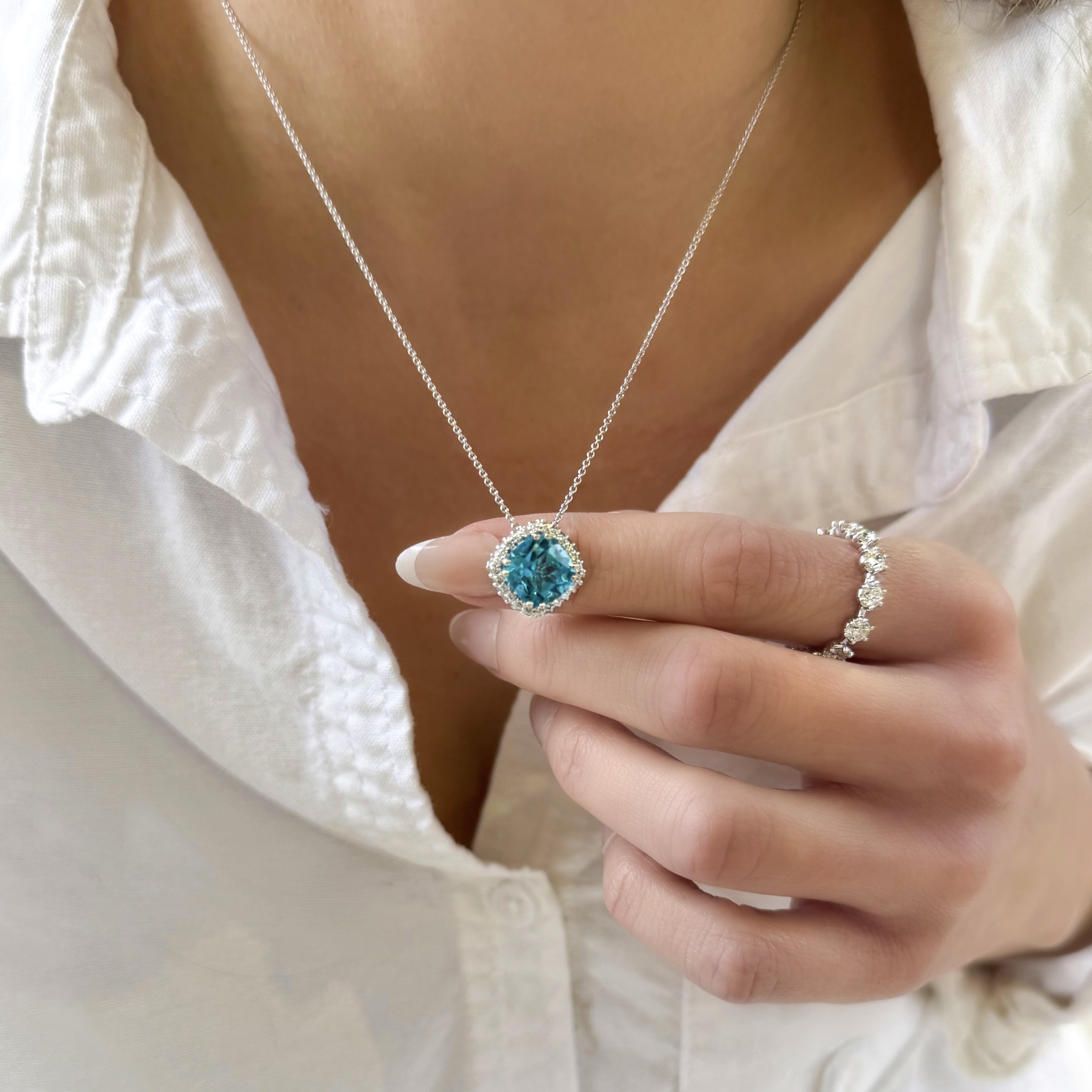 Cushion Cut Blue Topaz and Diamond Necklace