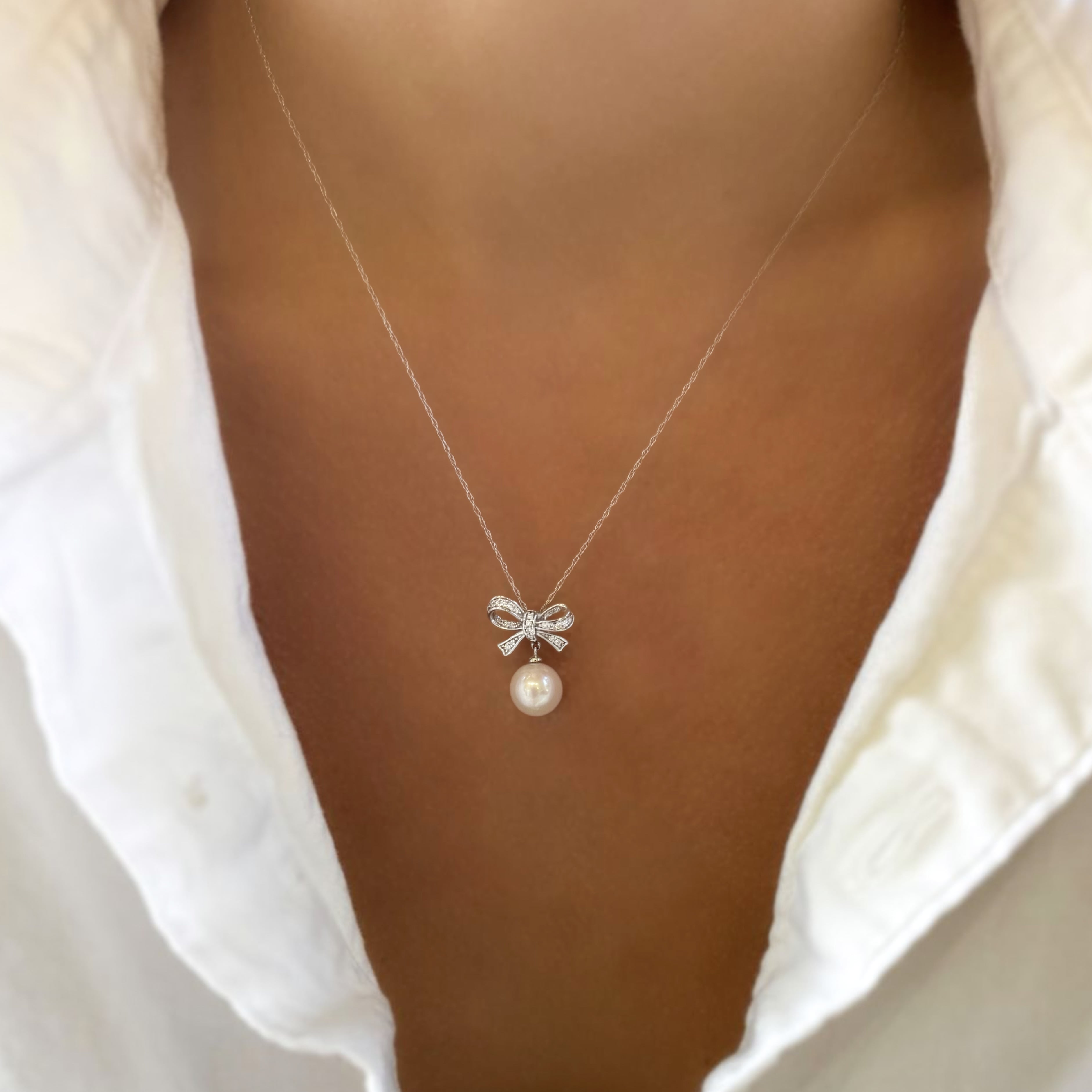 Pearl and Diamond Bow Necklace