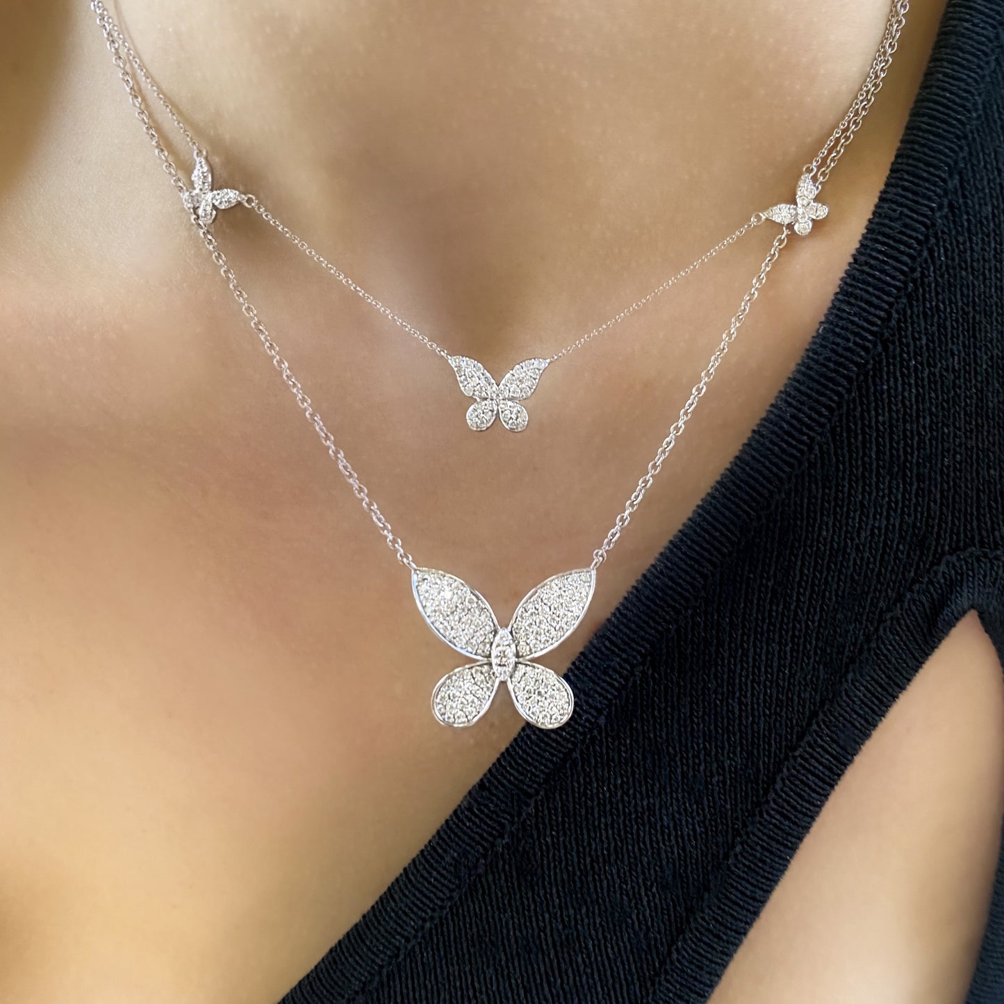 Pavé Diamond Butterfly Trio Necklace