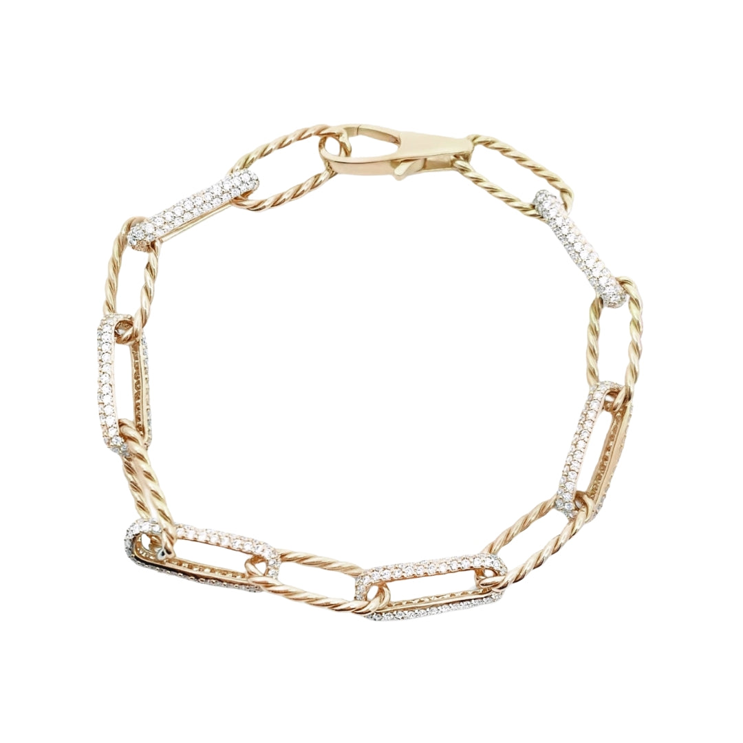 Pave Diamond and Twisted Link Paperclip Bracelet