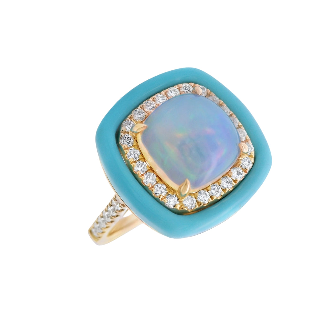 Cushion Opal, Diamond and Turquoise Enamel Ring