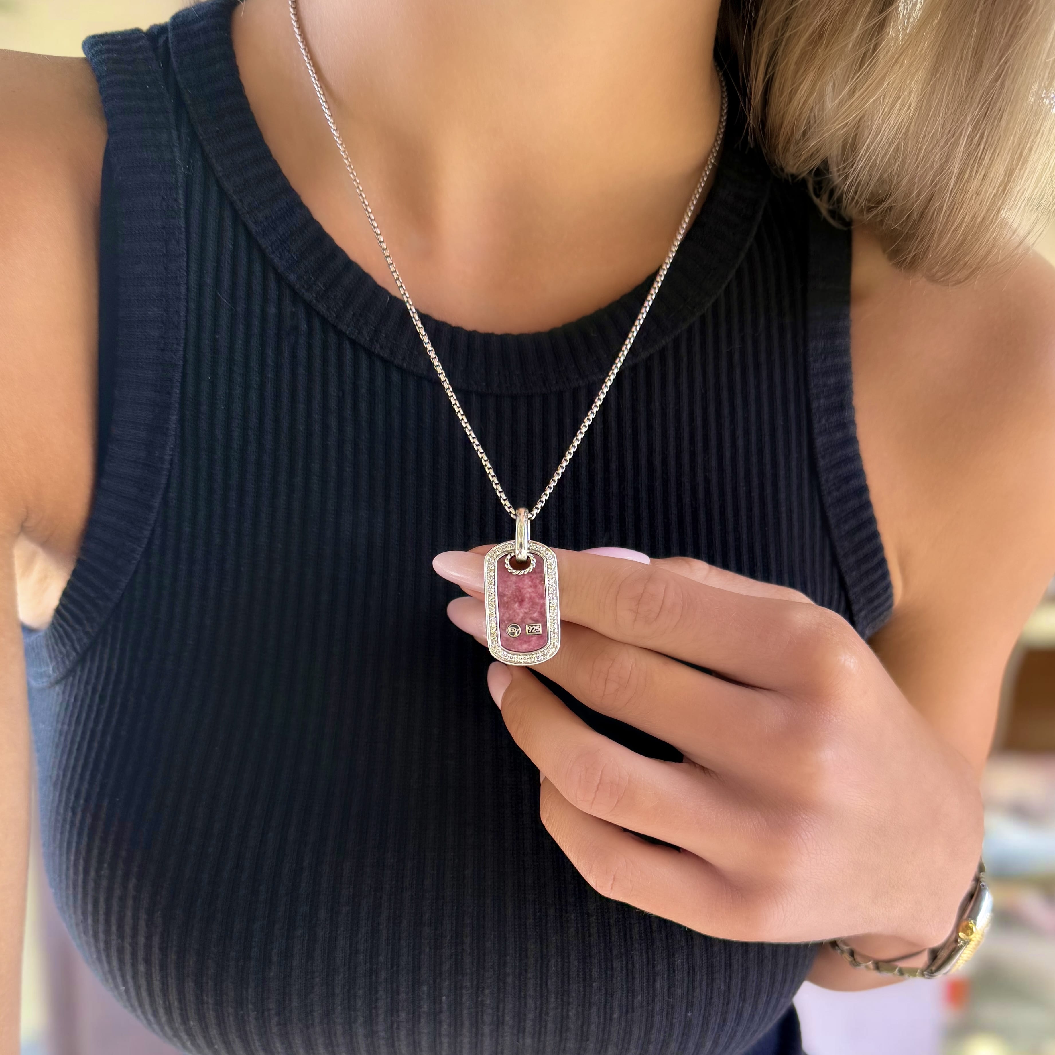 Diamond and Rhodonite Dog Tag Necklace