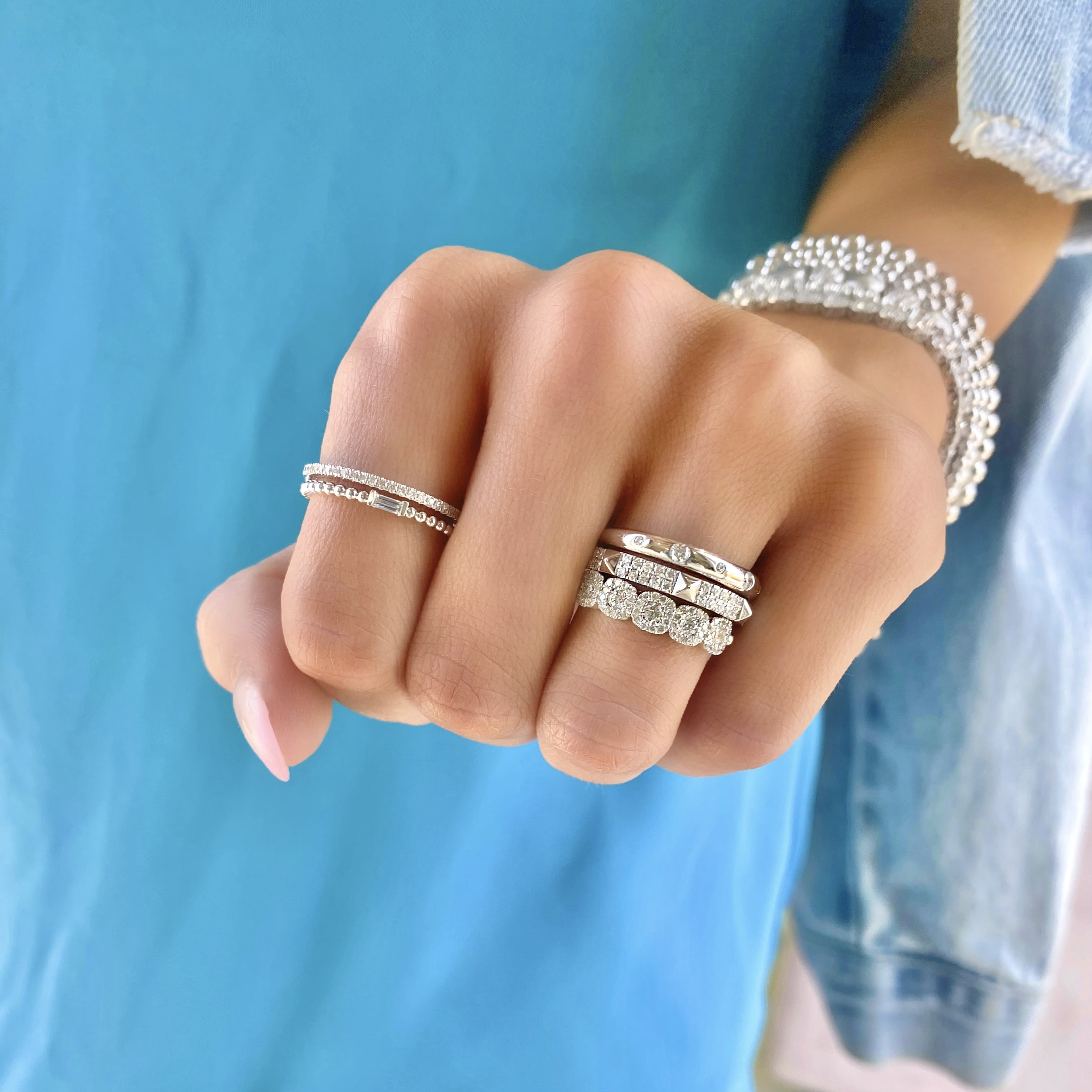 Baguette Diamond Beaded Double Row Ring