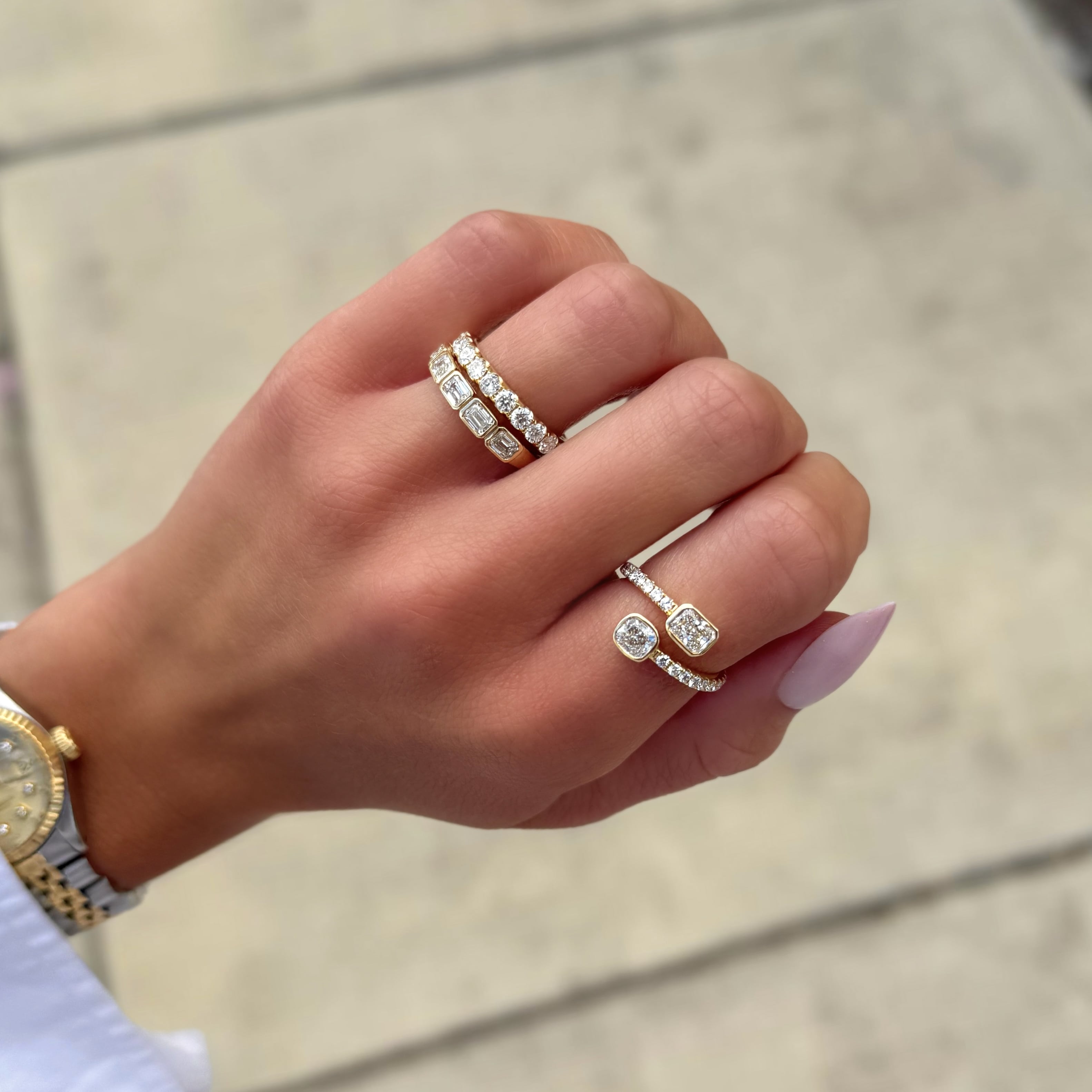 Bezel Set Radiant and Cushion Crossover Ring