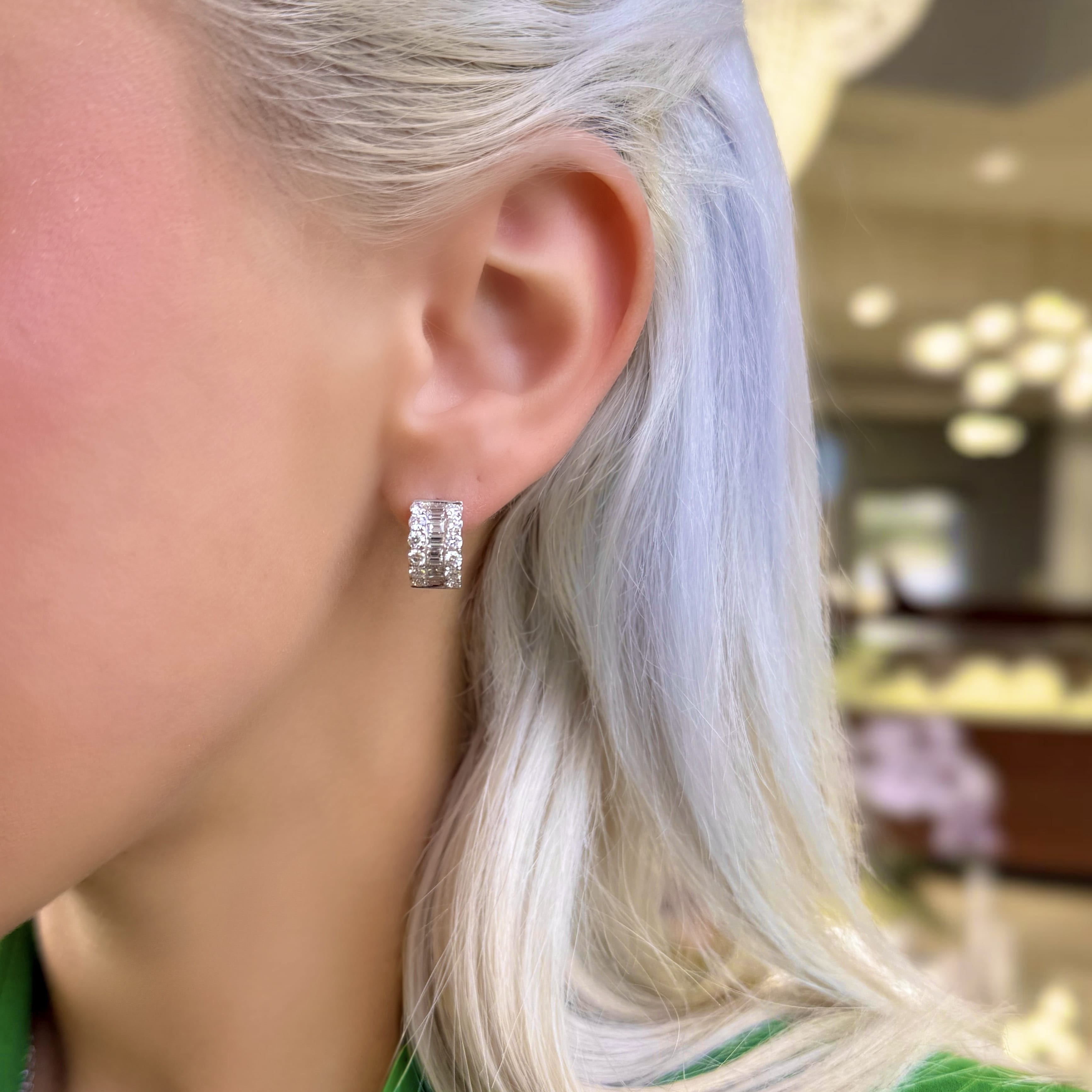 Baguette and Round Diamond Huggie Earrings