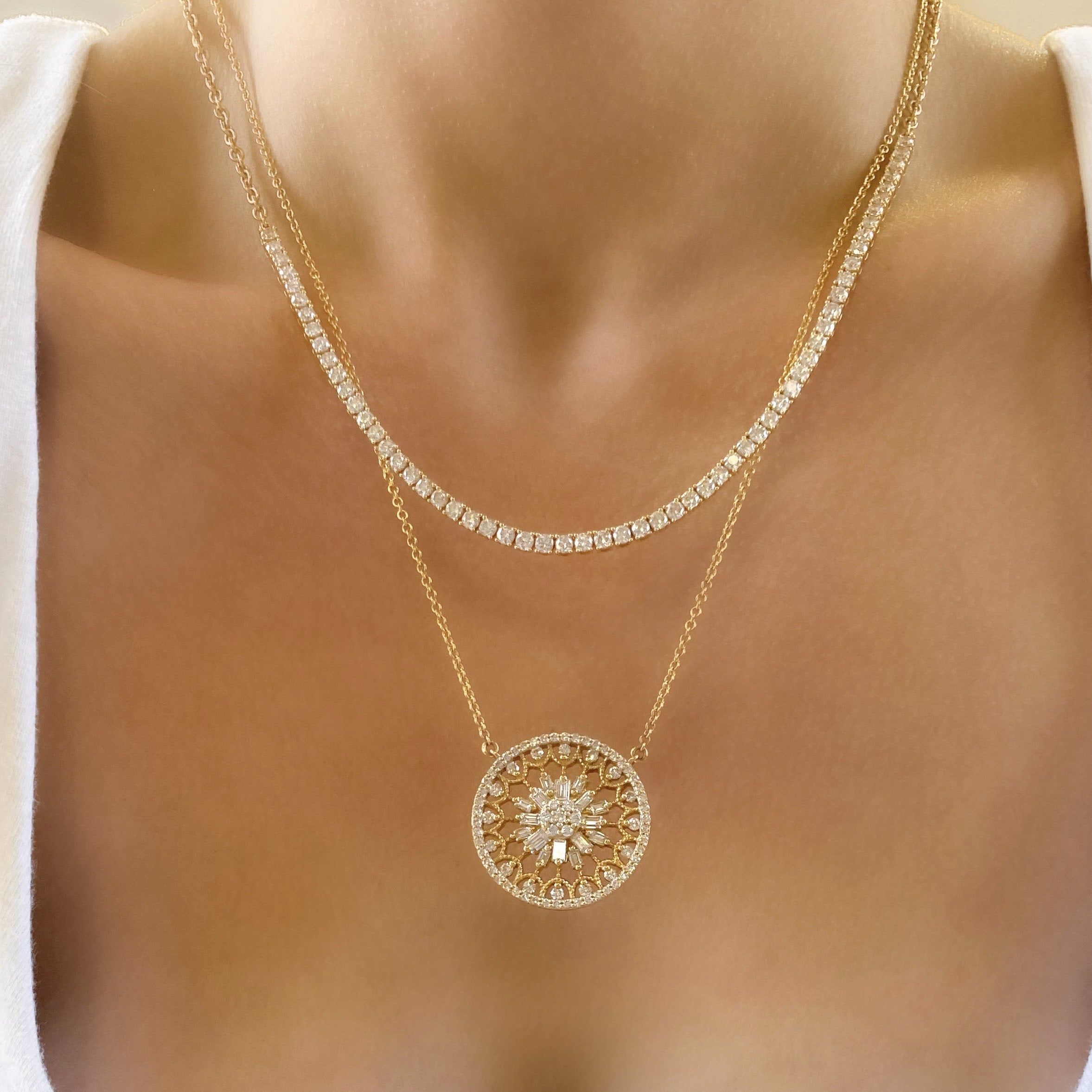 Baguette and Round Diamond Medallion Necklace