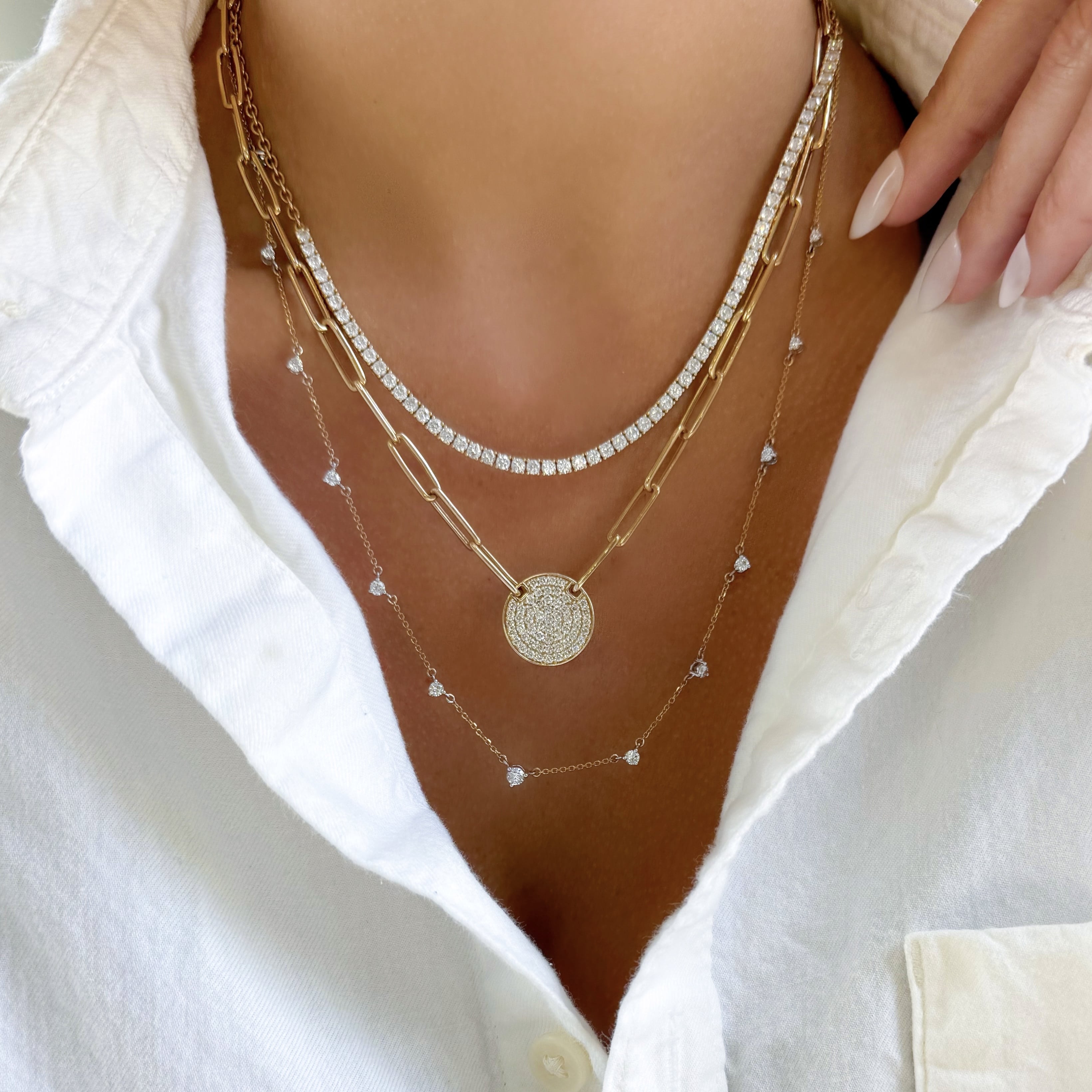 Pave Diamond Disc Paperclip Necklace