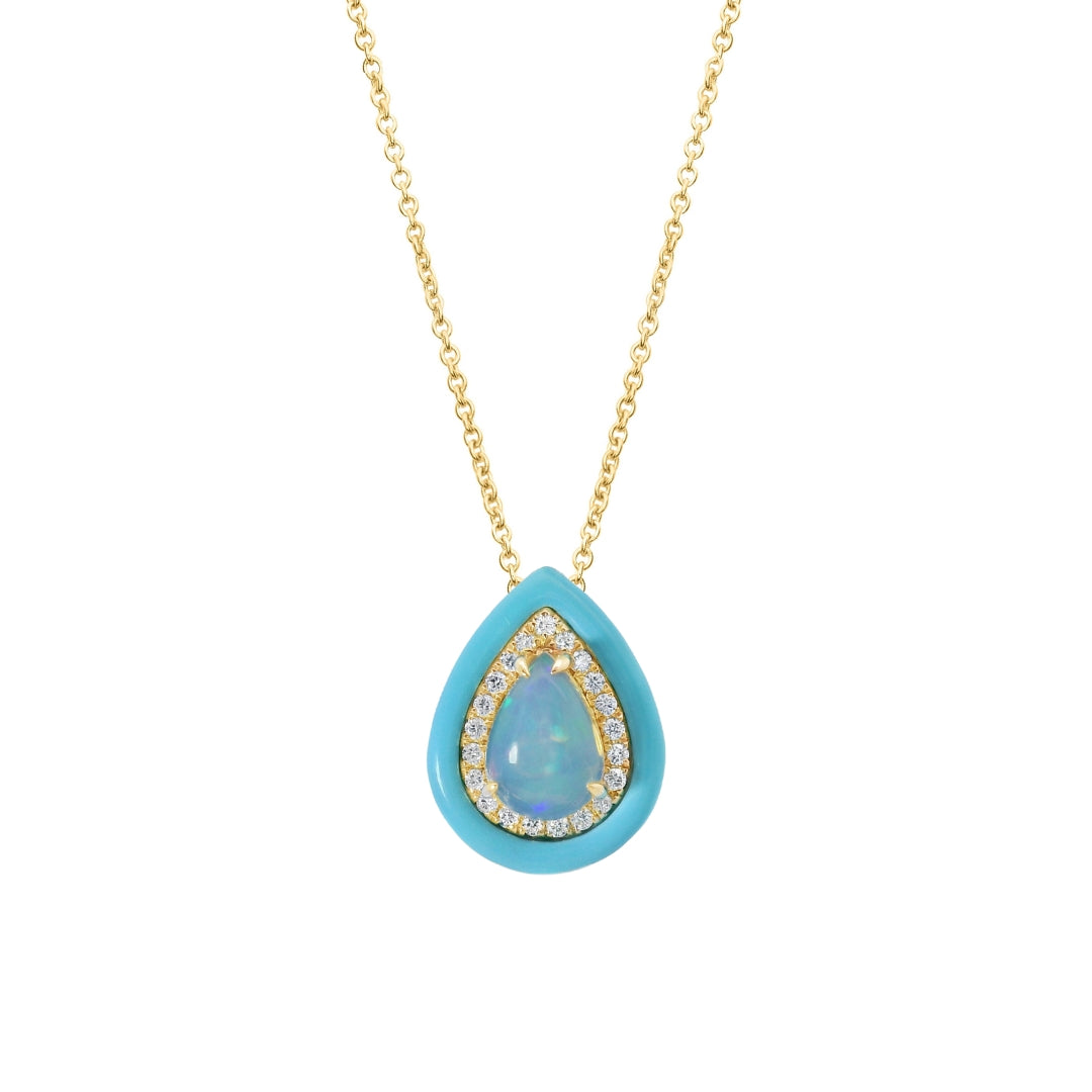 Pear Shape Opal, Diamond and Turquoise Enamel Necklace