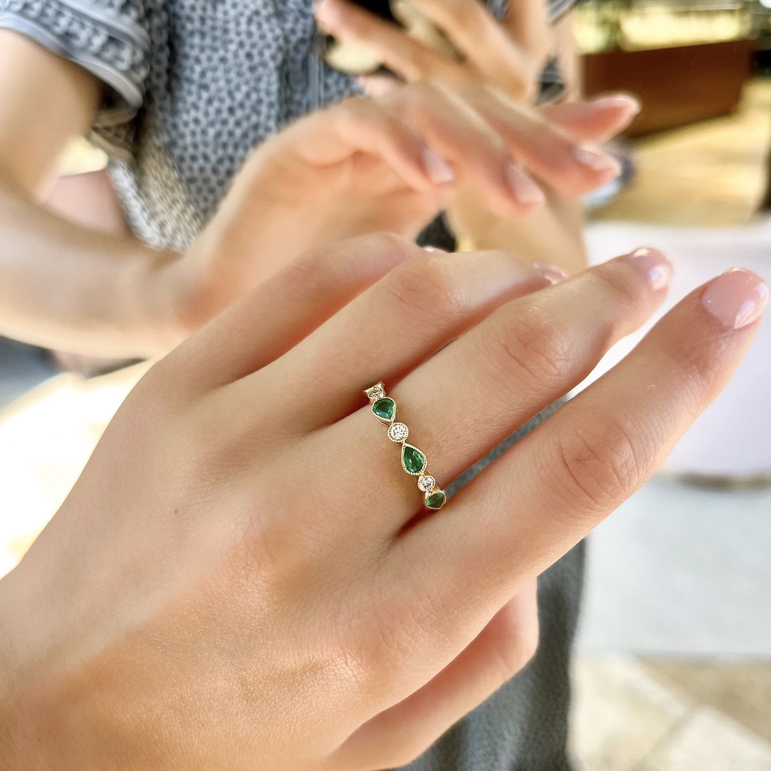 Bezel Set Pear Shape Emerald and Diamond Ring