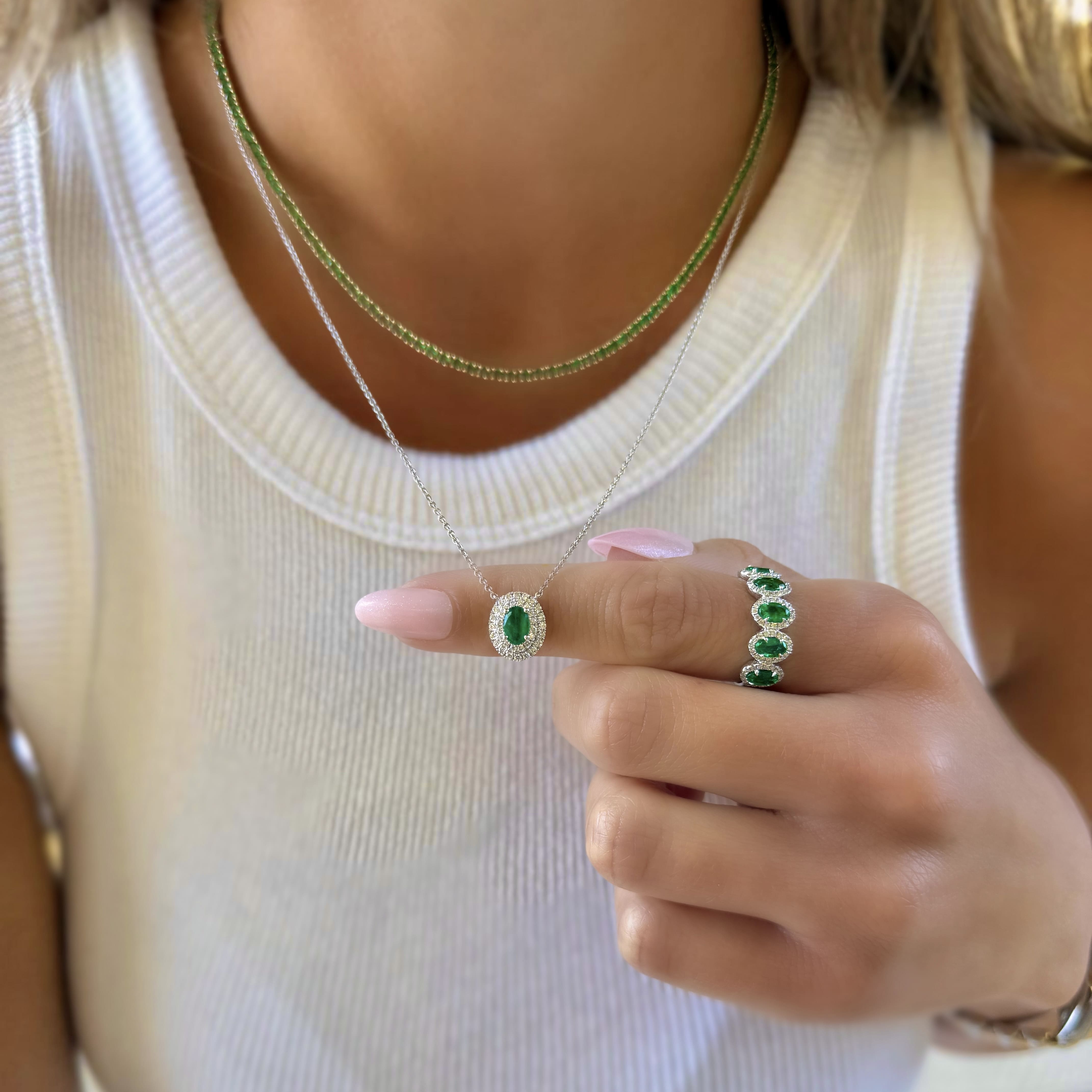 Emerald and Diamond Halo Necklace