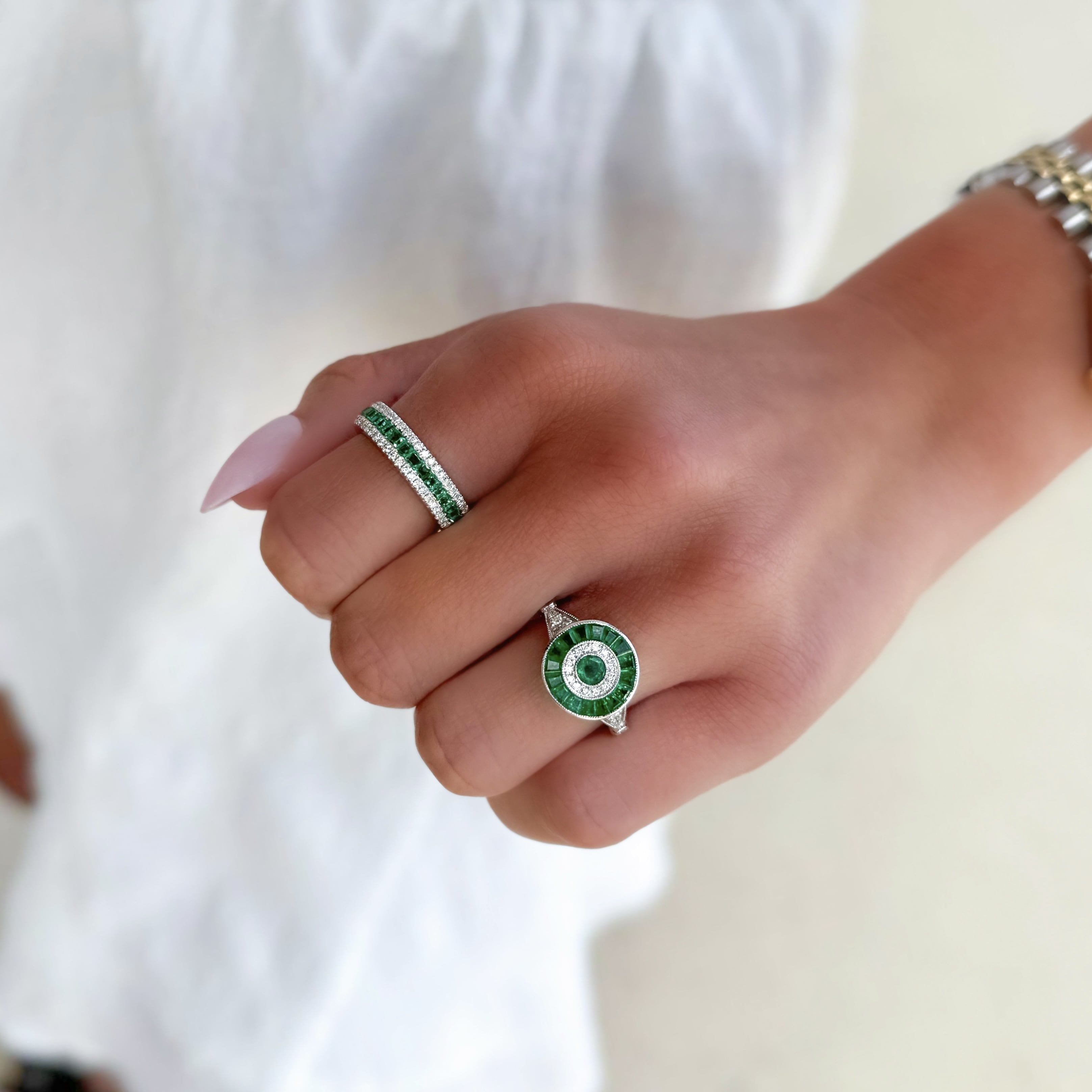 3 Row Diamond and Emerald Ring
