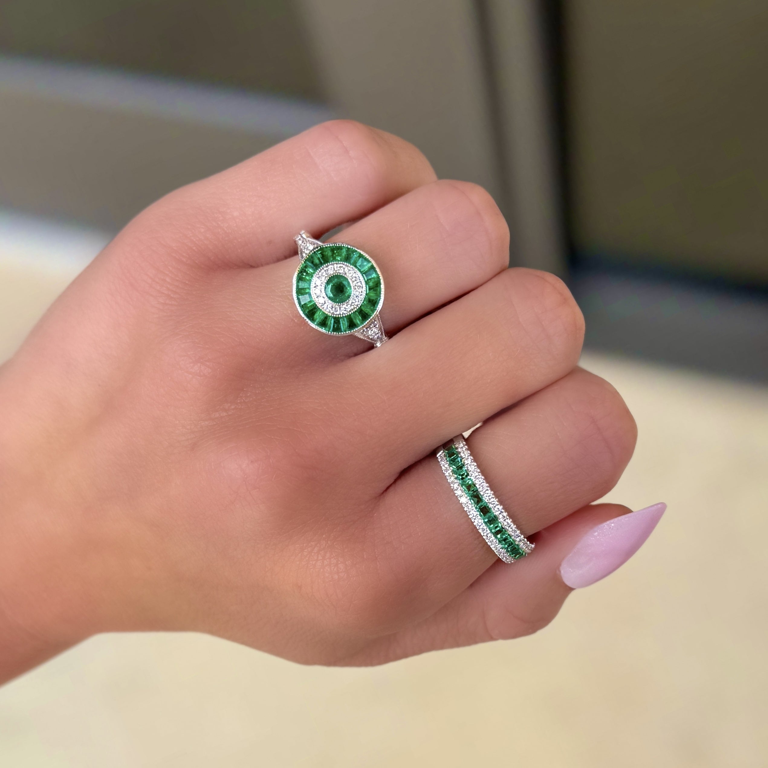 3 Row Diamond and Emerald Ring