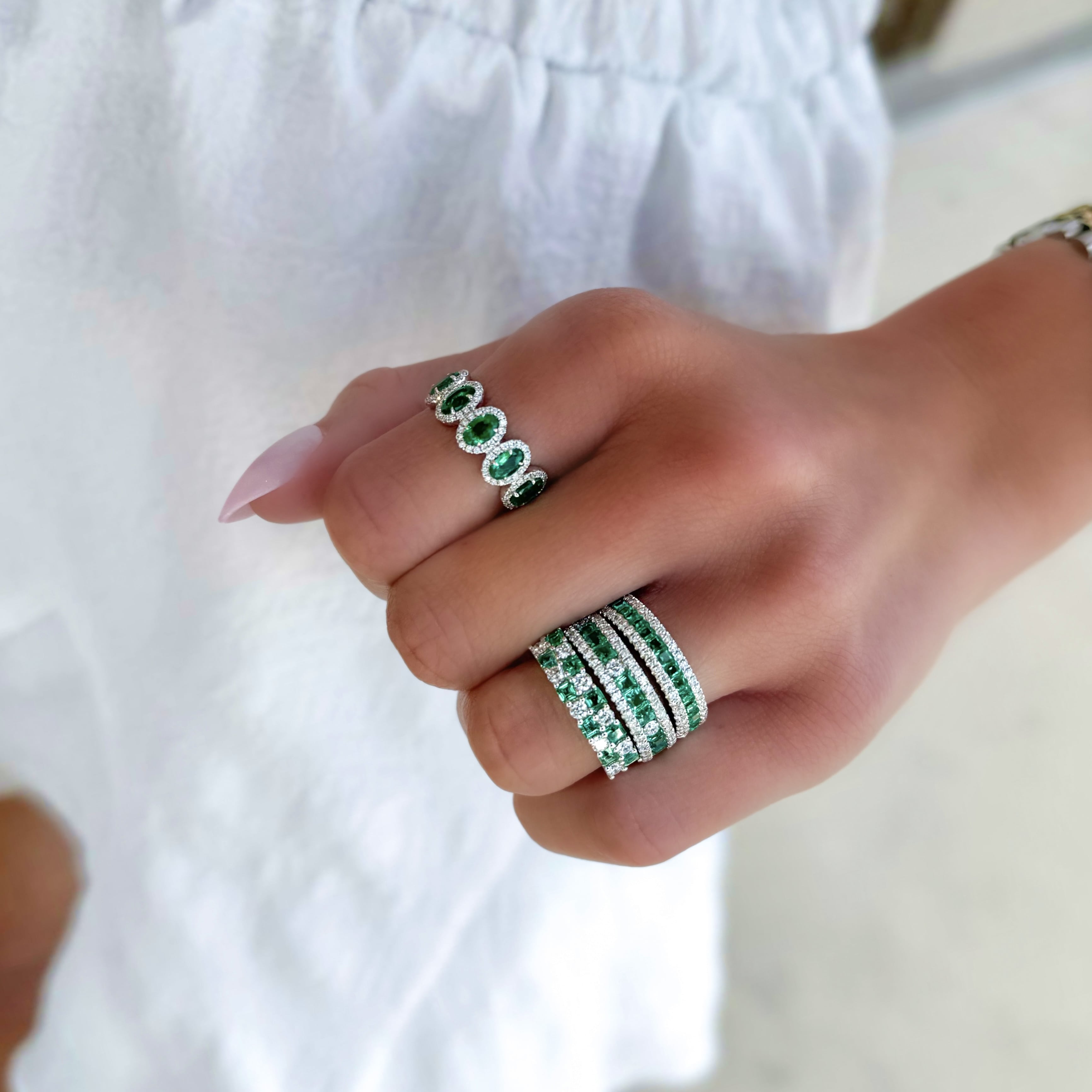 3 Row Diamond and Emerald Ring