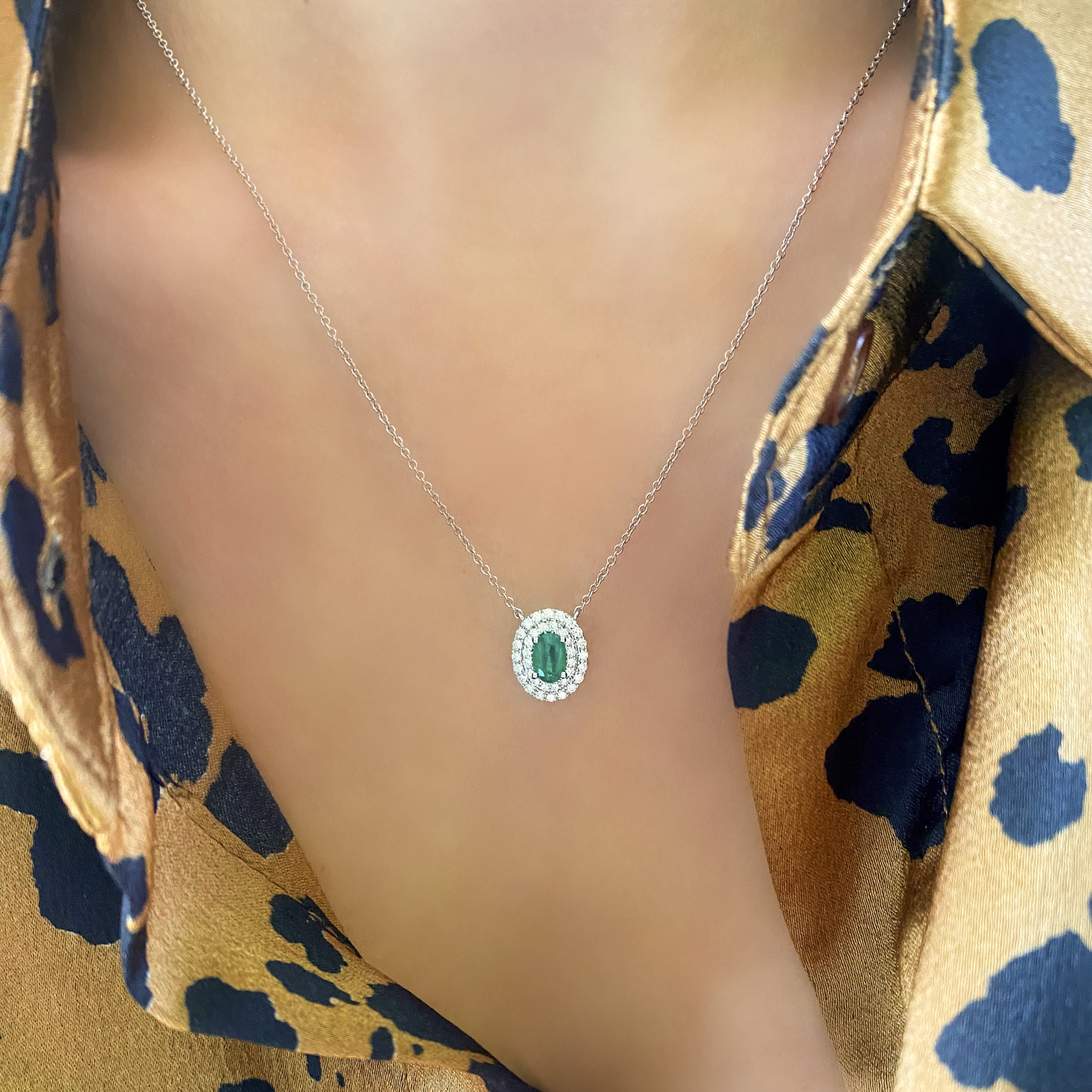 Emerald and Diamond Halo Necklace