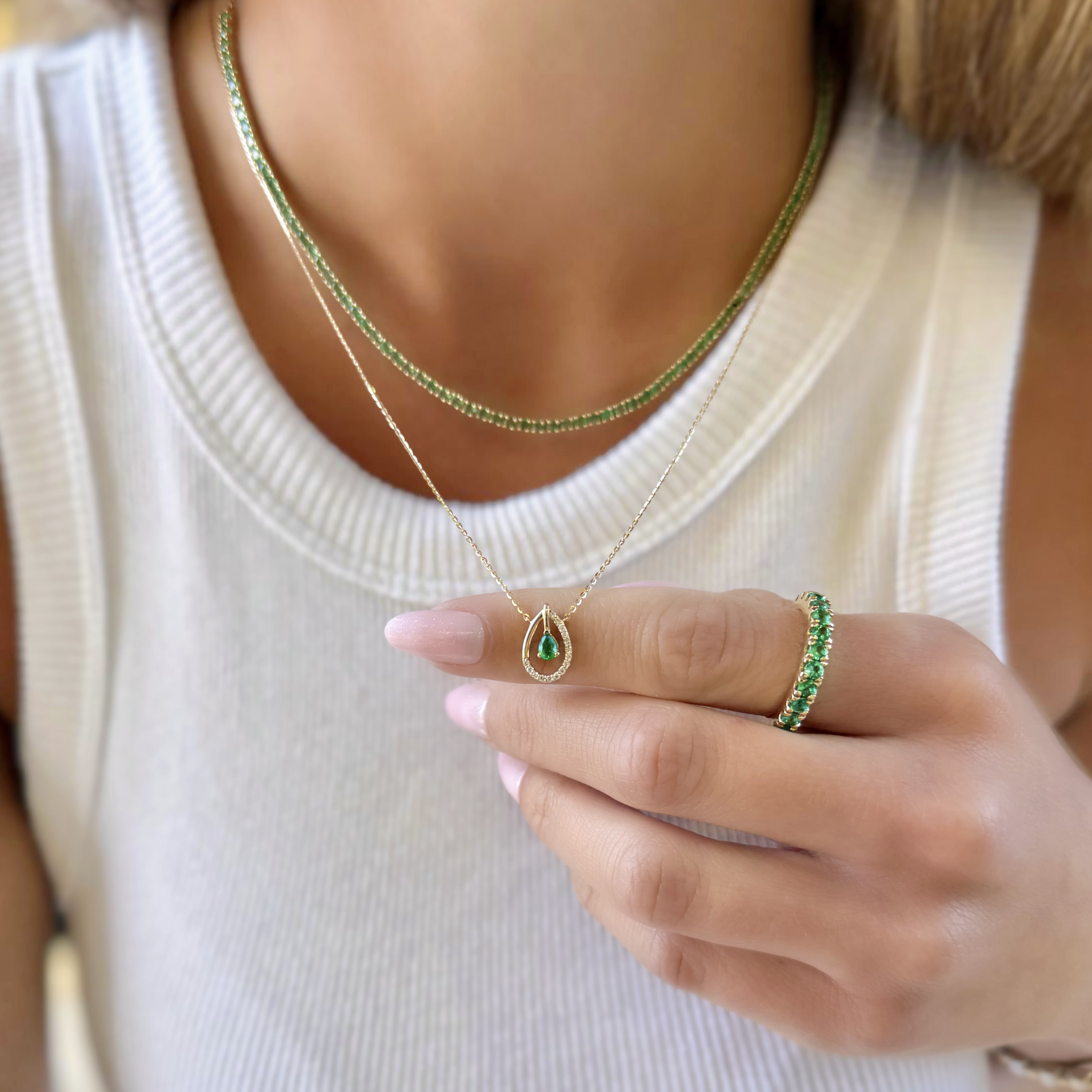 Floating Emerald and Diamond Teardrop Necklace