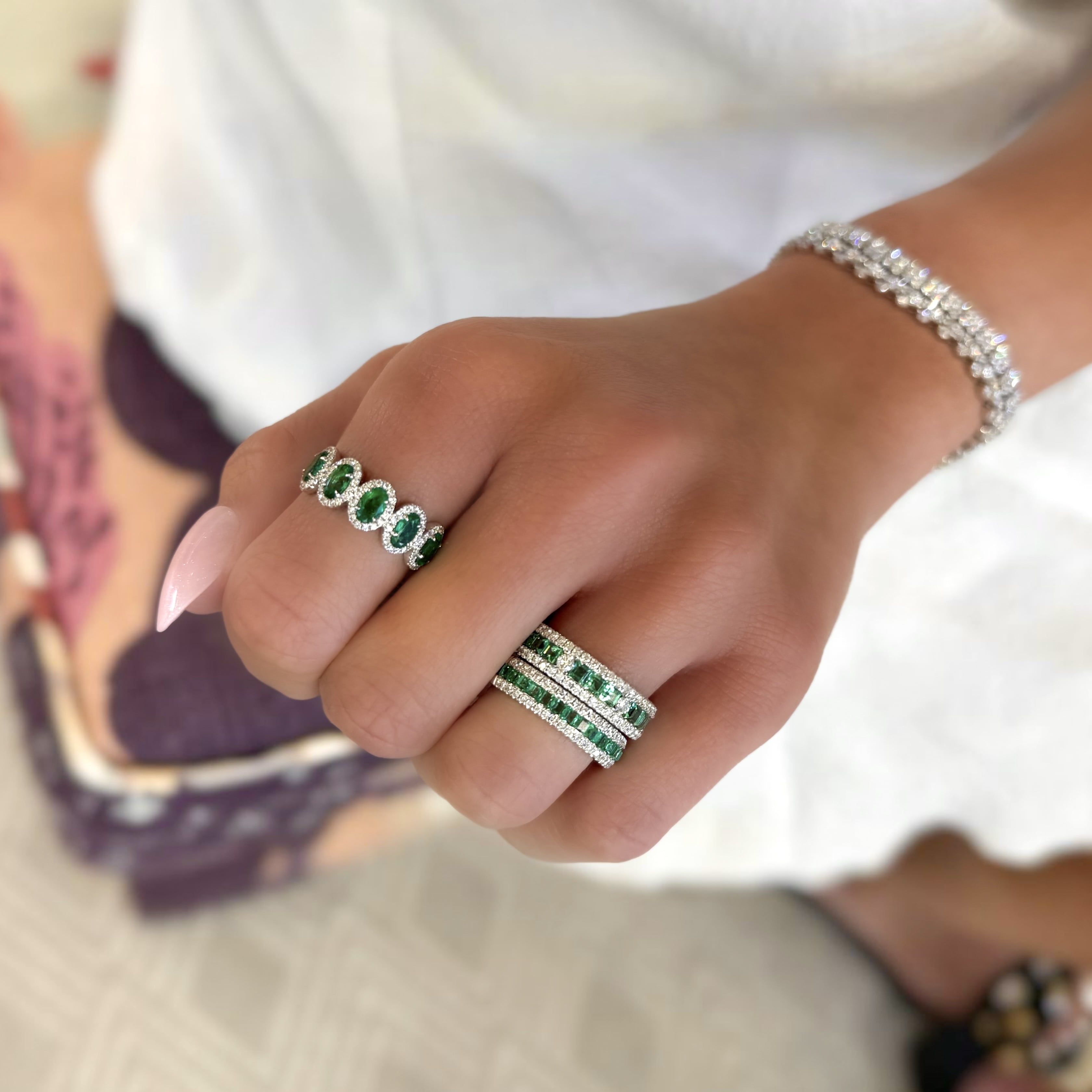 3 Row Diamond and Emerald Ring