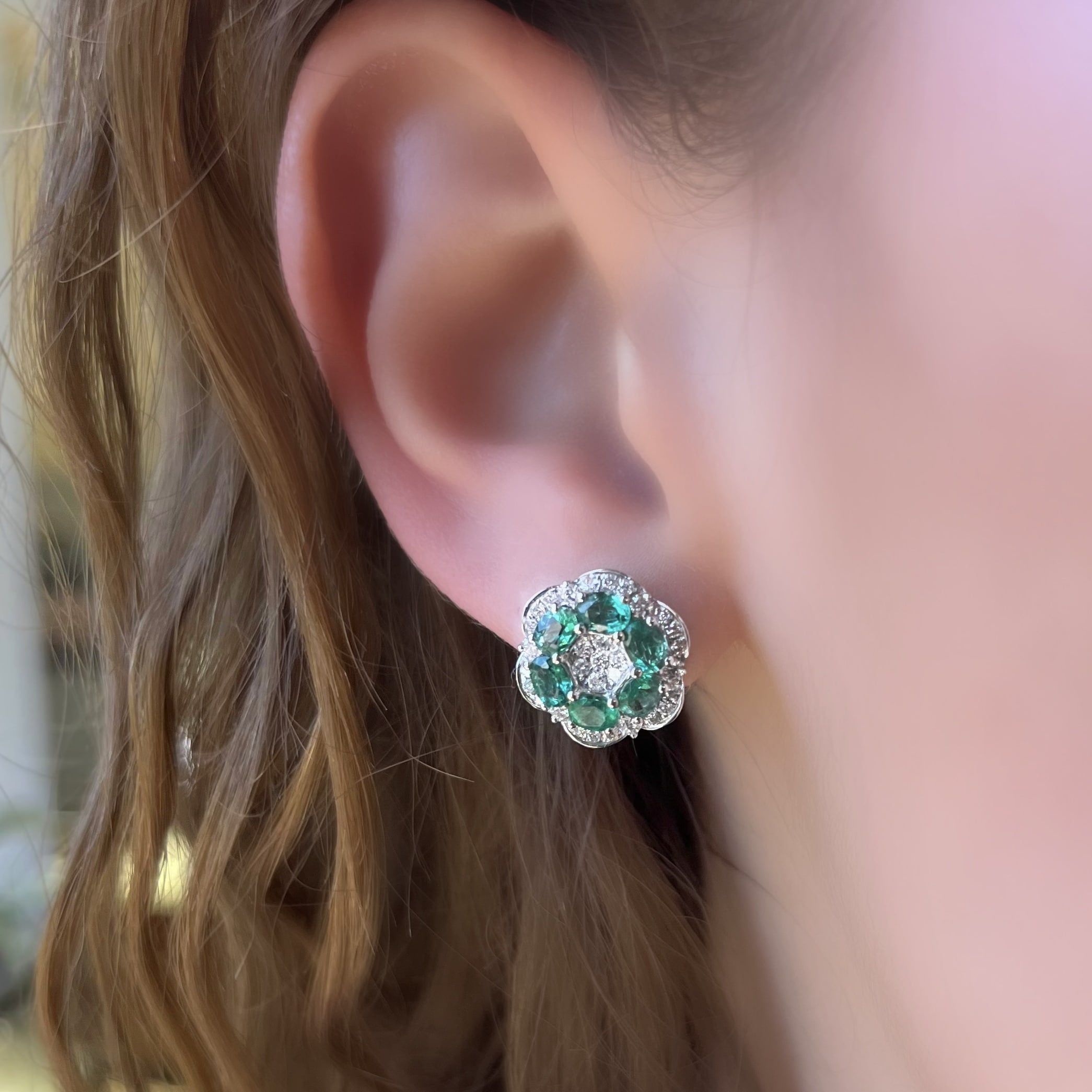 Emerald and Diamond Flower Earrings