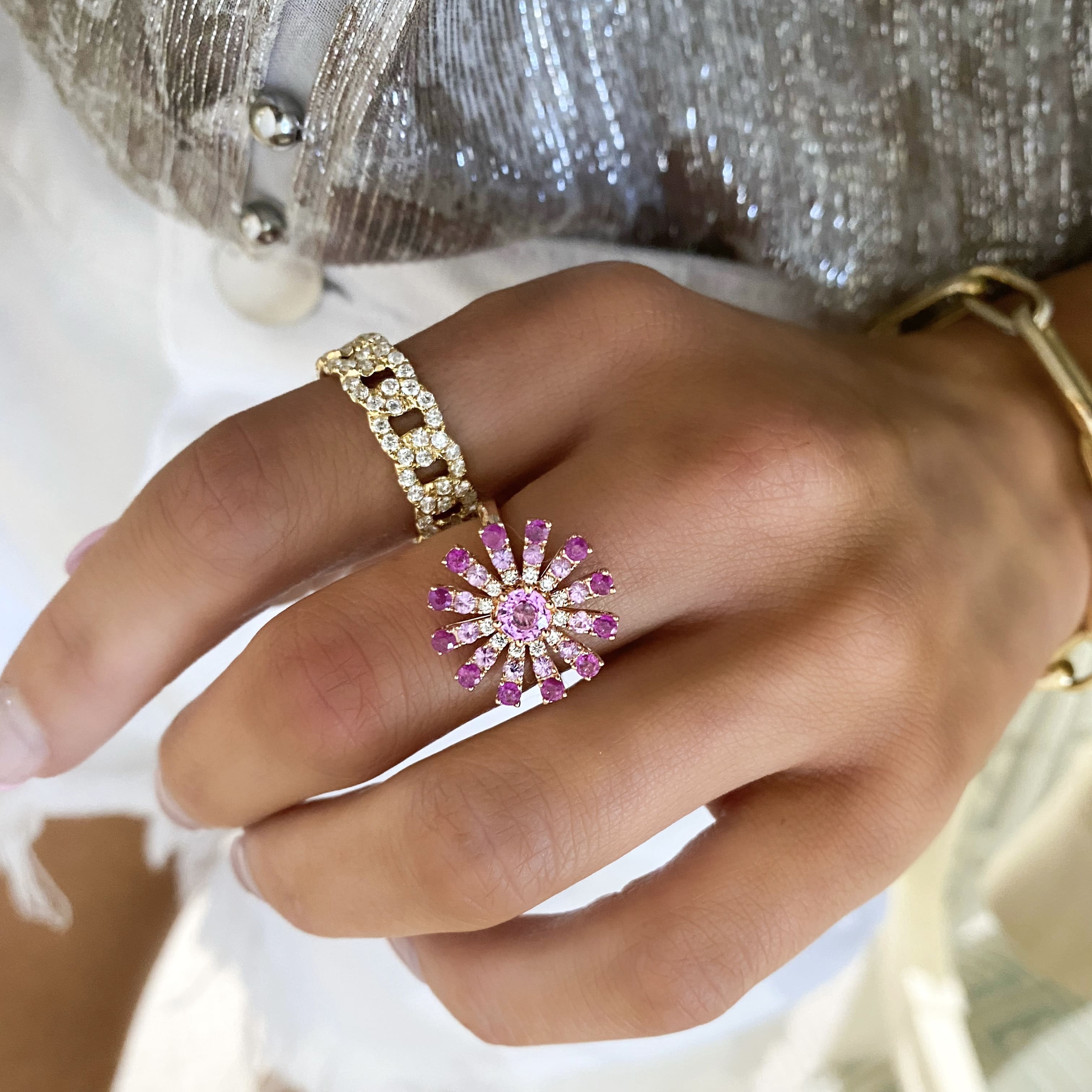 Pink Sapphire and Diamond Firework Ring