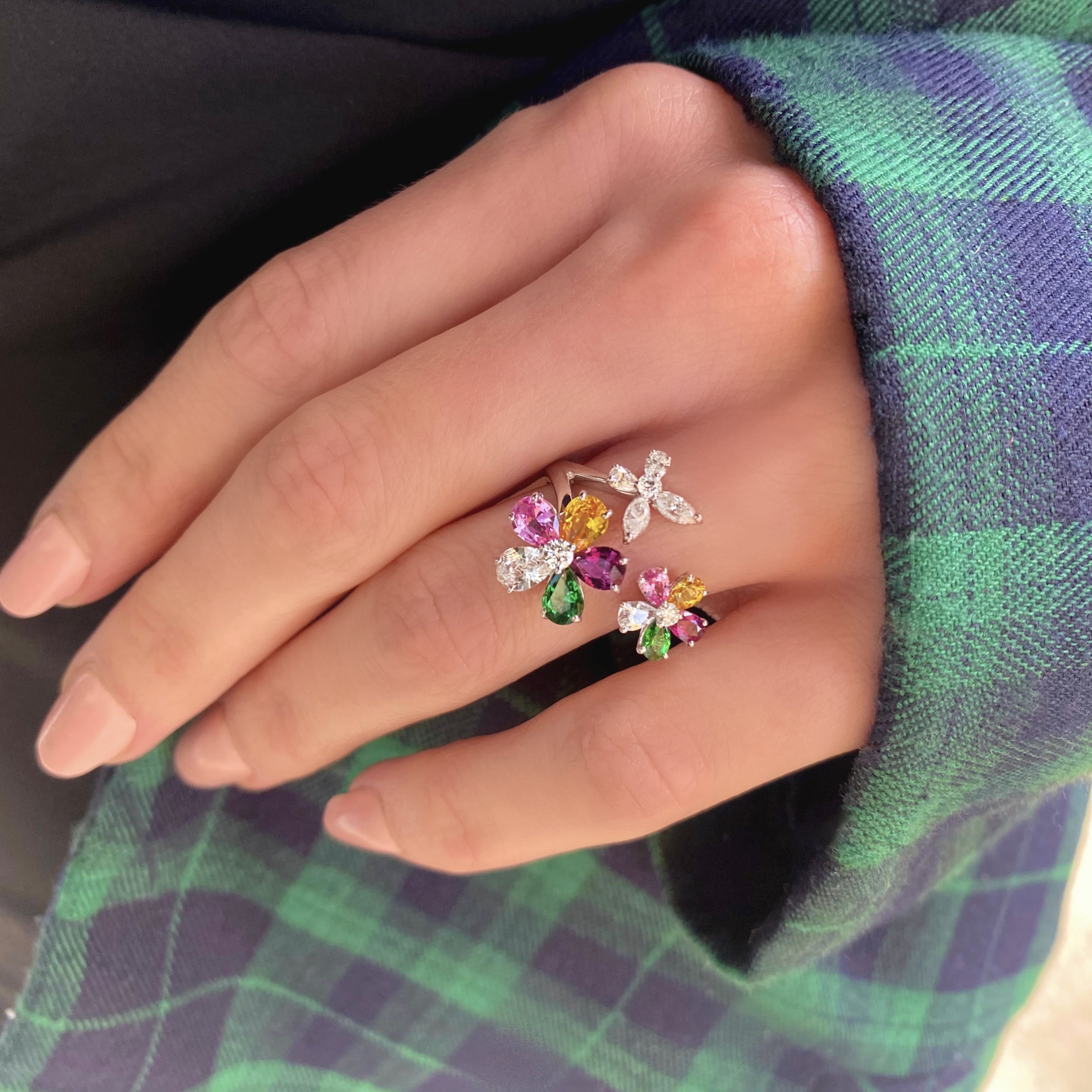 Fancy Sapphire Tsavorite and Diamond Flower Ring