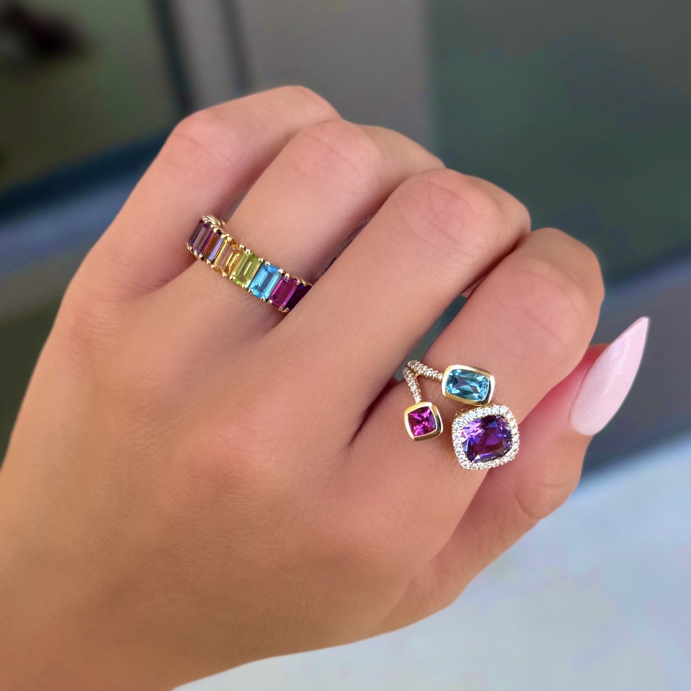 Three Stone Gemstone and Diamond Ring