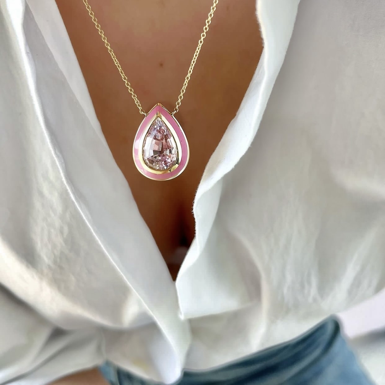 Jumbo Kunzite and Enamel Pendant Necklace