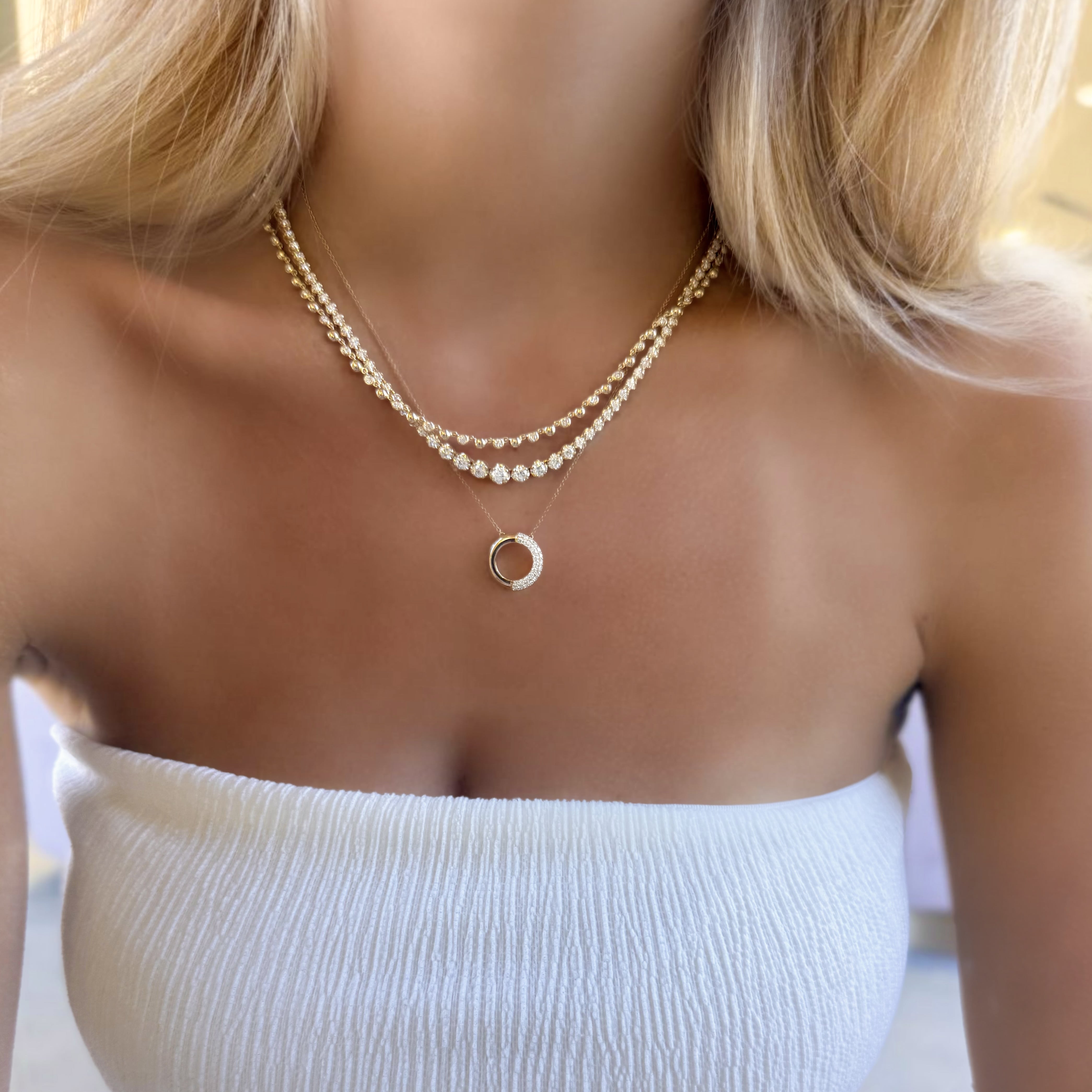 Half Pave Diamond Donut Necklace