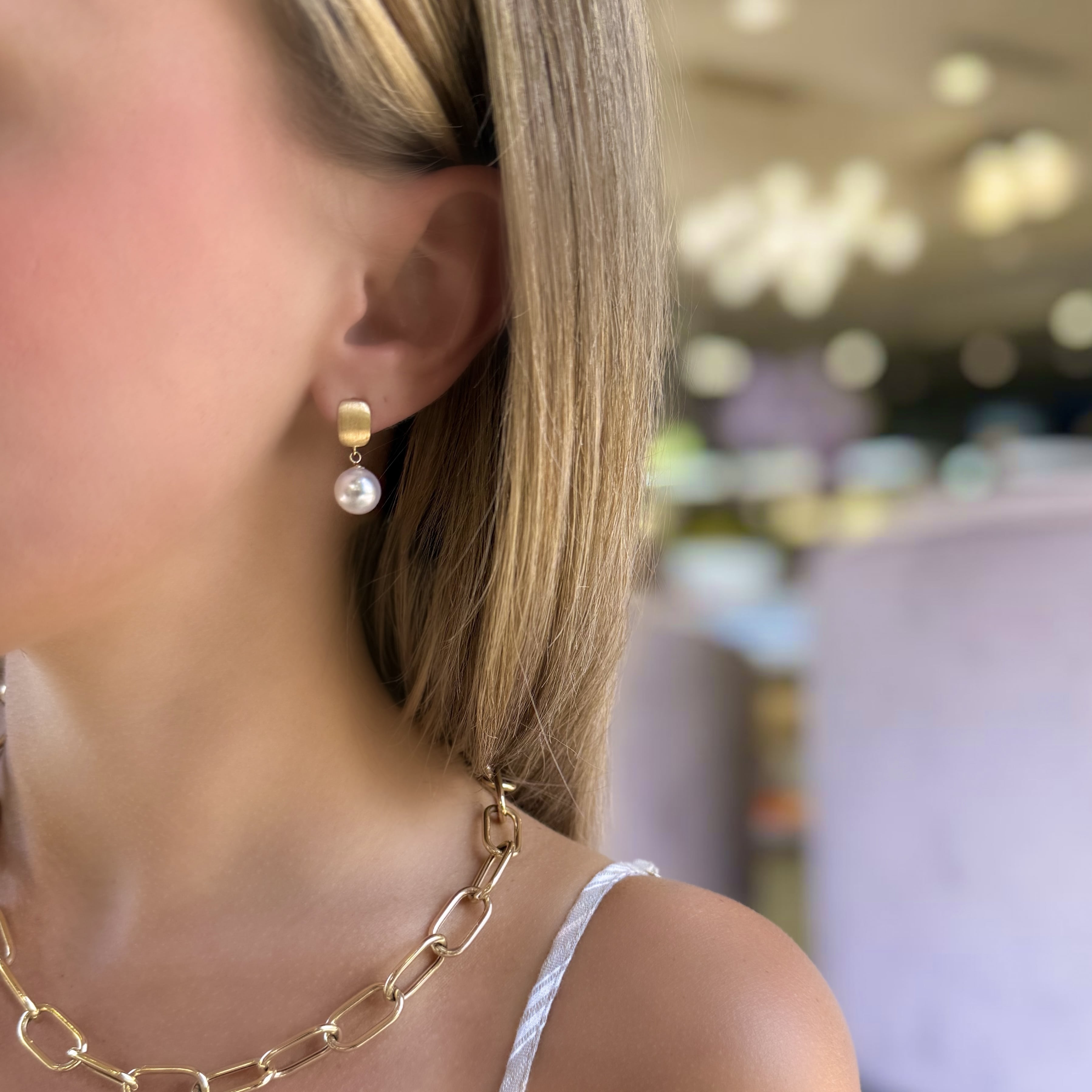 Brushed Gold and Pearl Drop Earrings